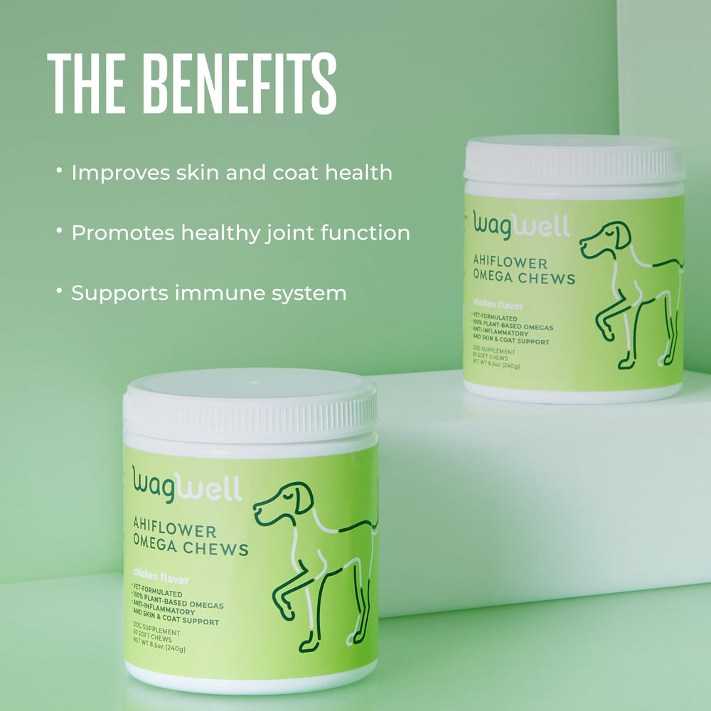 WagWell Ahiflower Omega Chews pack promoting skin and coat benefits.