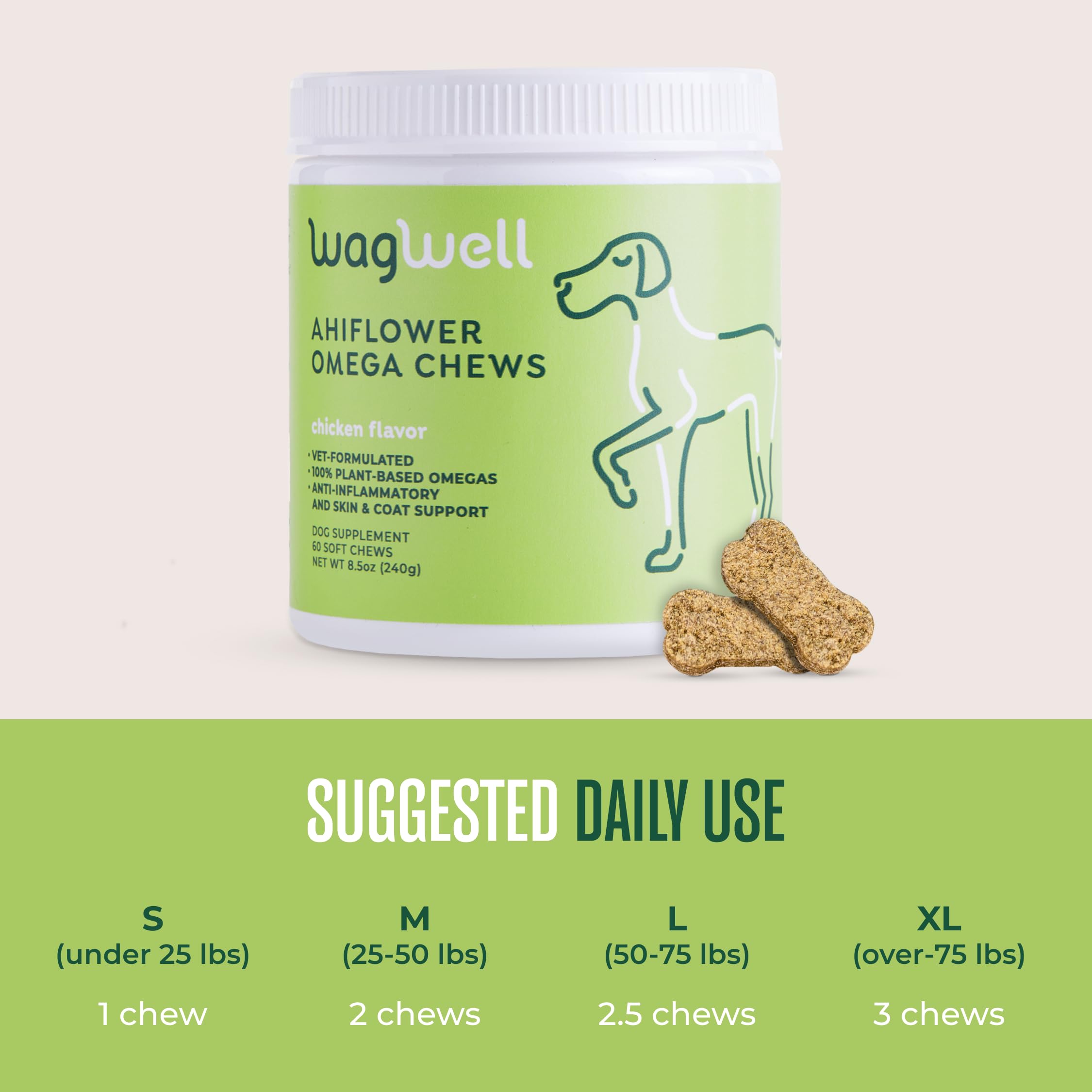 WagWell Ahiflower Omega Chews soft chews with chicken flavor appeal to dogs.