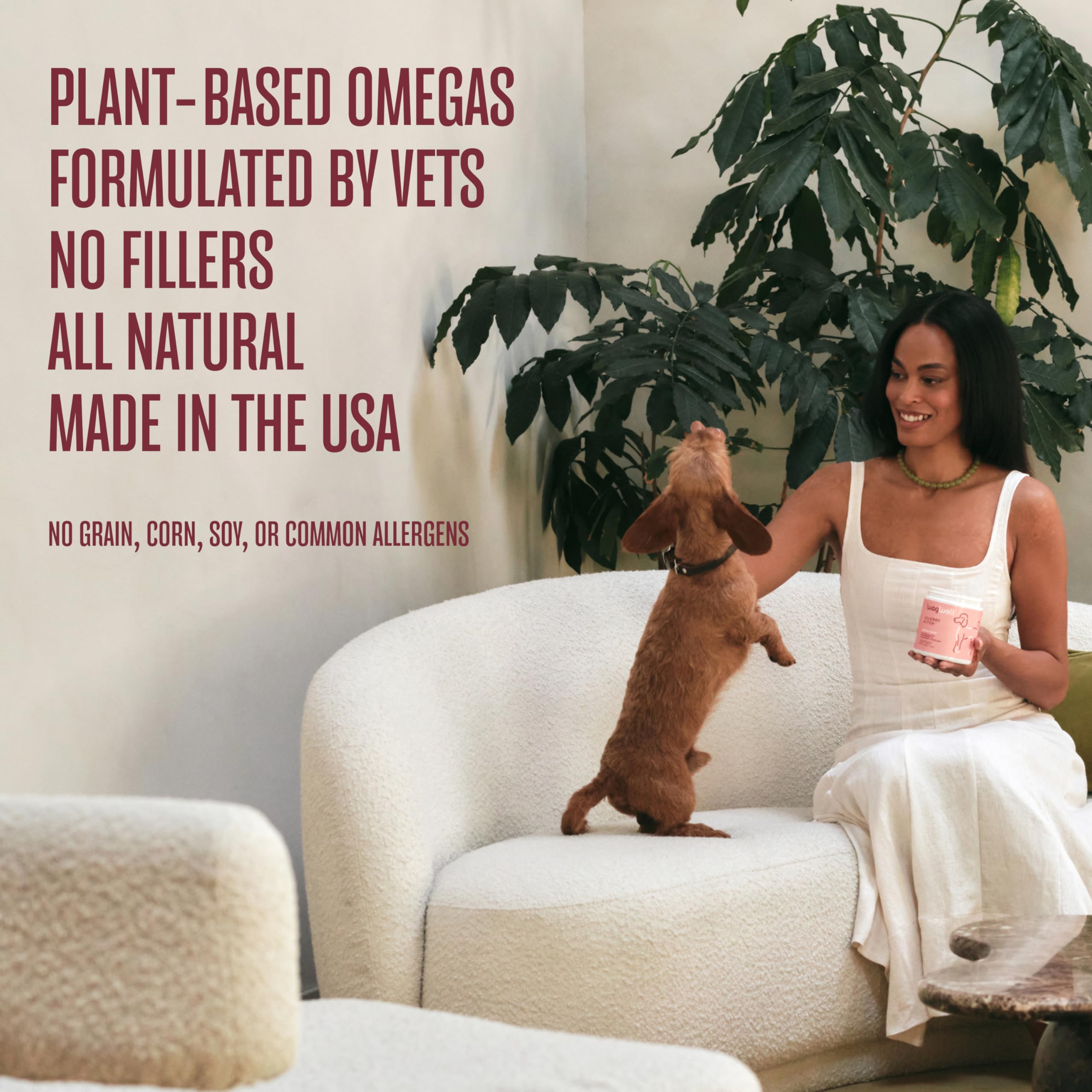 WagWell Ahiflower omega blend image emphasizing plant-based skin support.