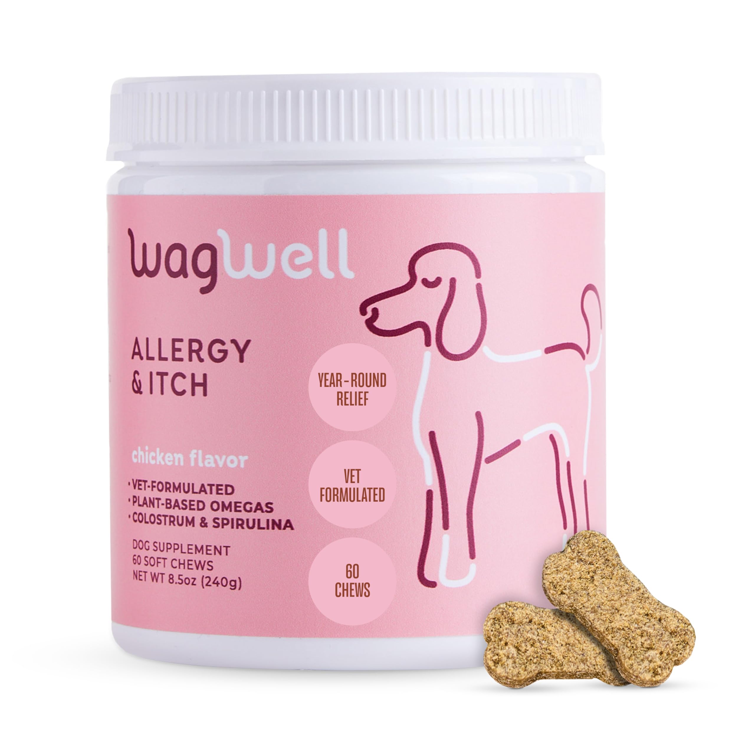 WagWell Allergy and Itch Chews packaging highlights natural dog skin support.