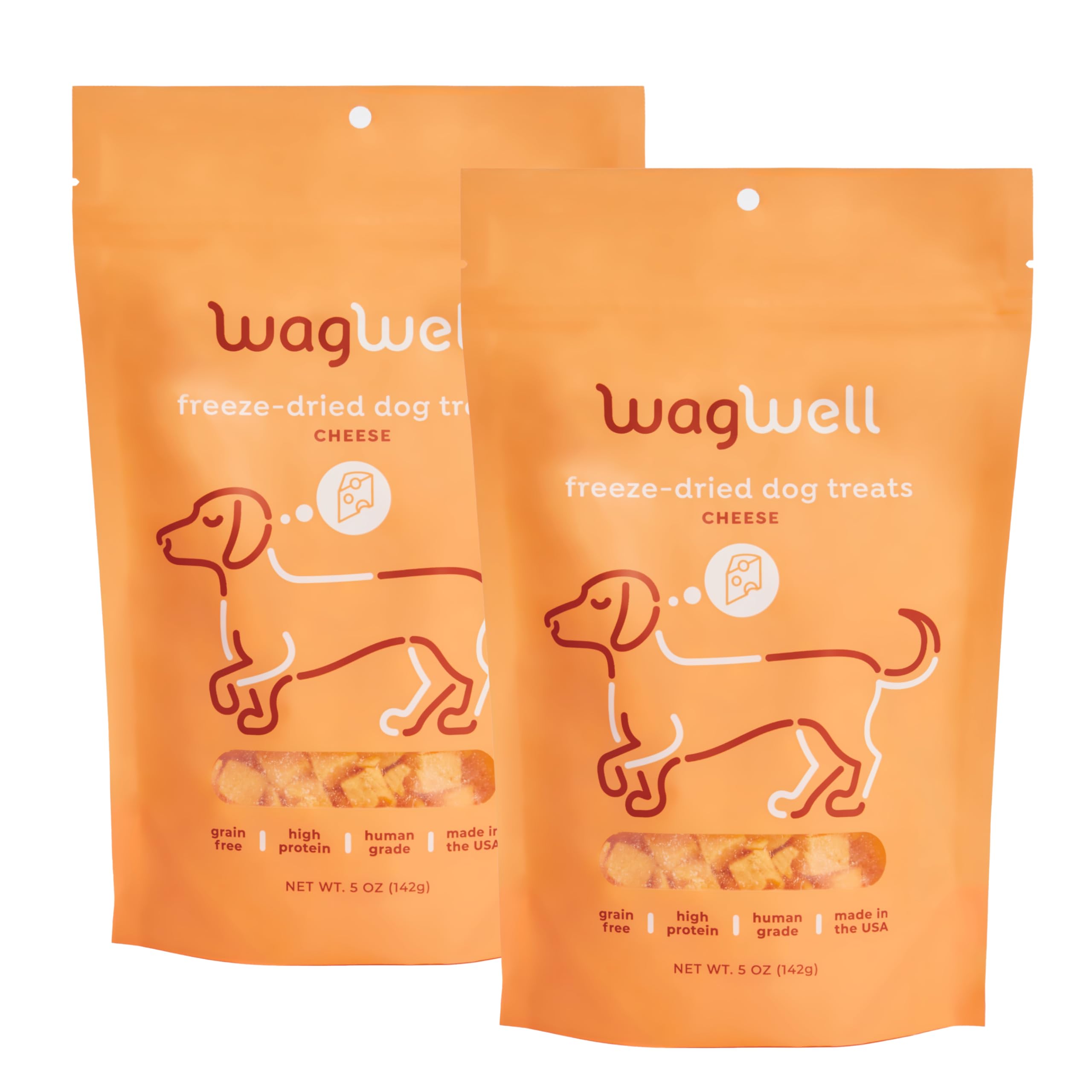 WagWell Freeze-Dried Cheese Treats pack shot with simple, premium ingredients.