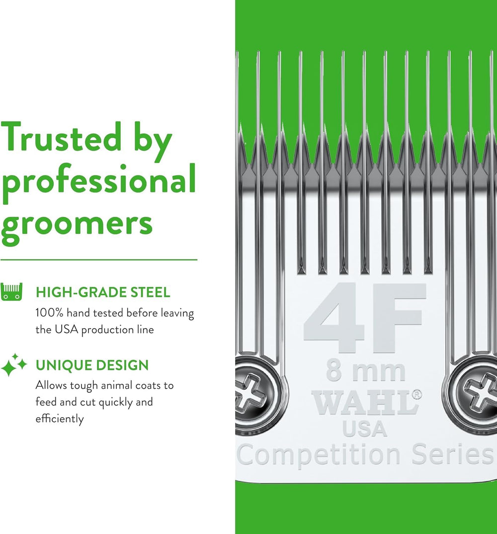 Wahl 4F blade chrome coating offers rust protection for long-lasting use.