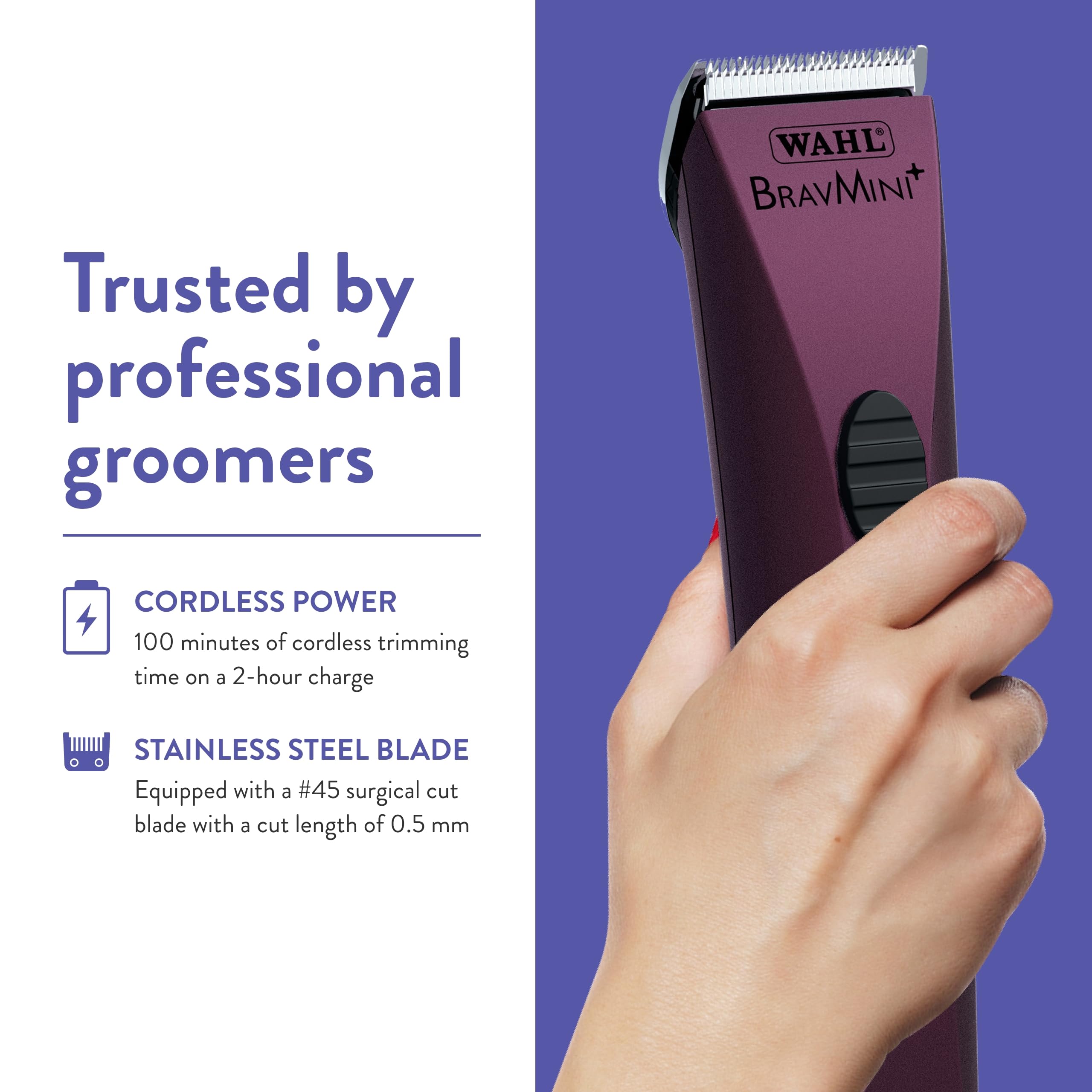Wahl BravMini+ NiMH battery powers cordless grooming sessions.