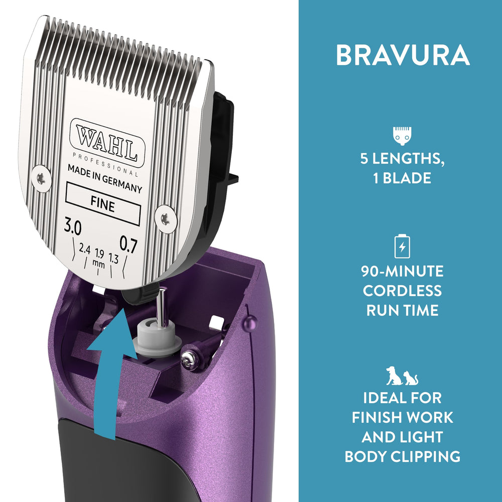 Wahl Bravura attachments and combs laid out for full grooming kit