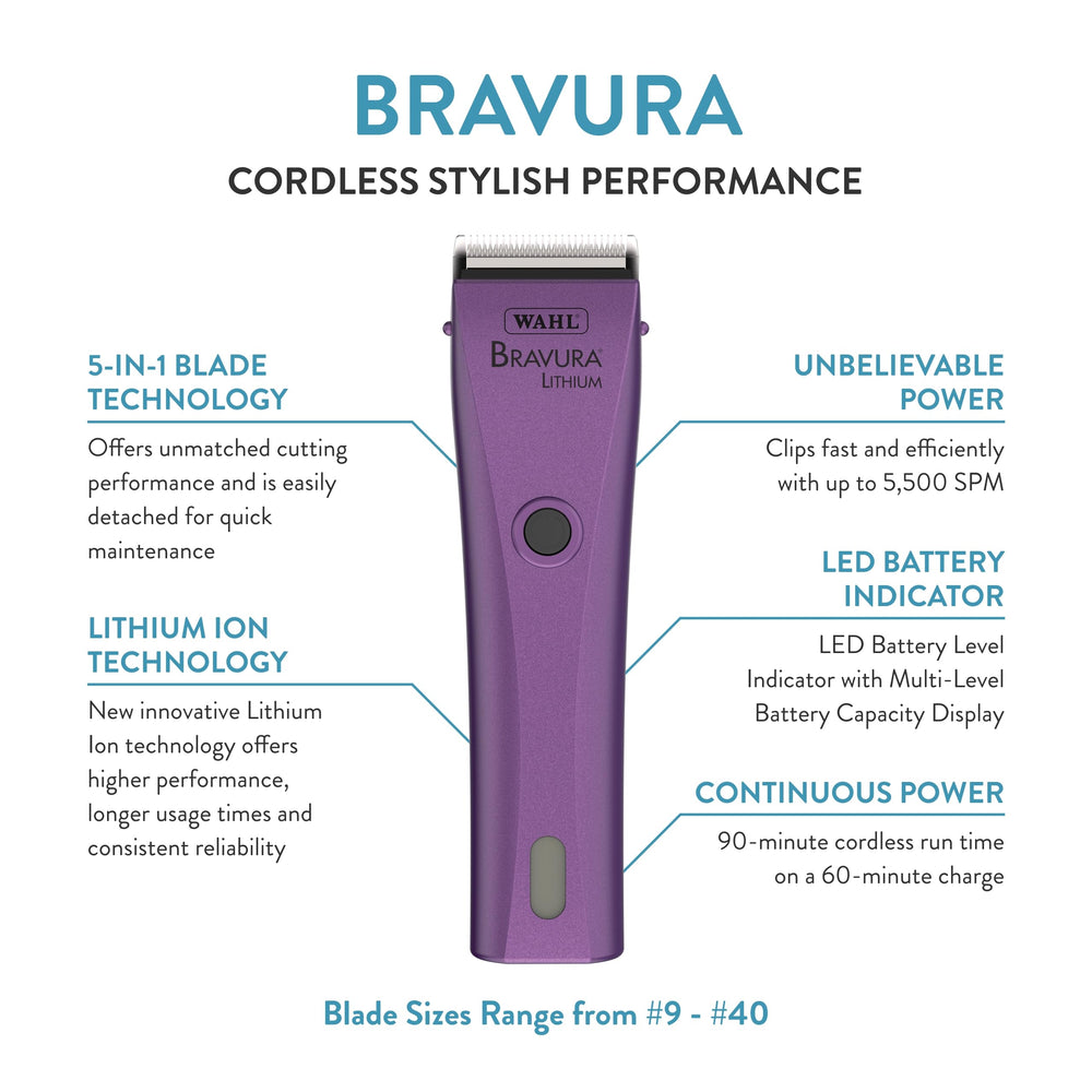 Wahl Bravura clipper beside charger showing cordless option and quick recharge