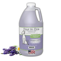 Wahl Calming Pet Shampoo bottle with lavender chamomile scent for soothing baths.