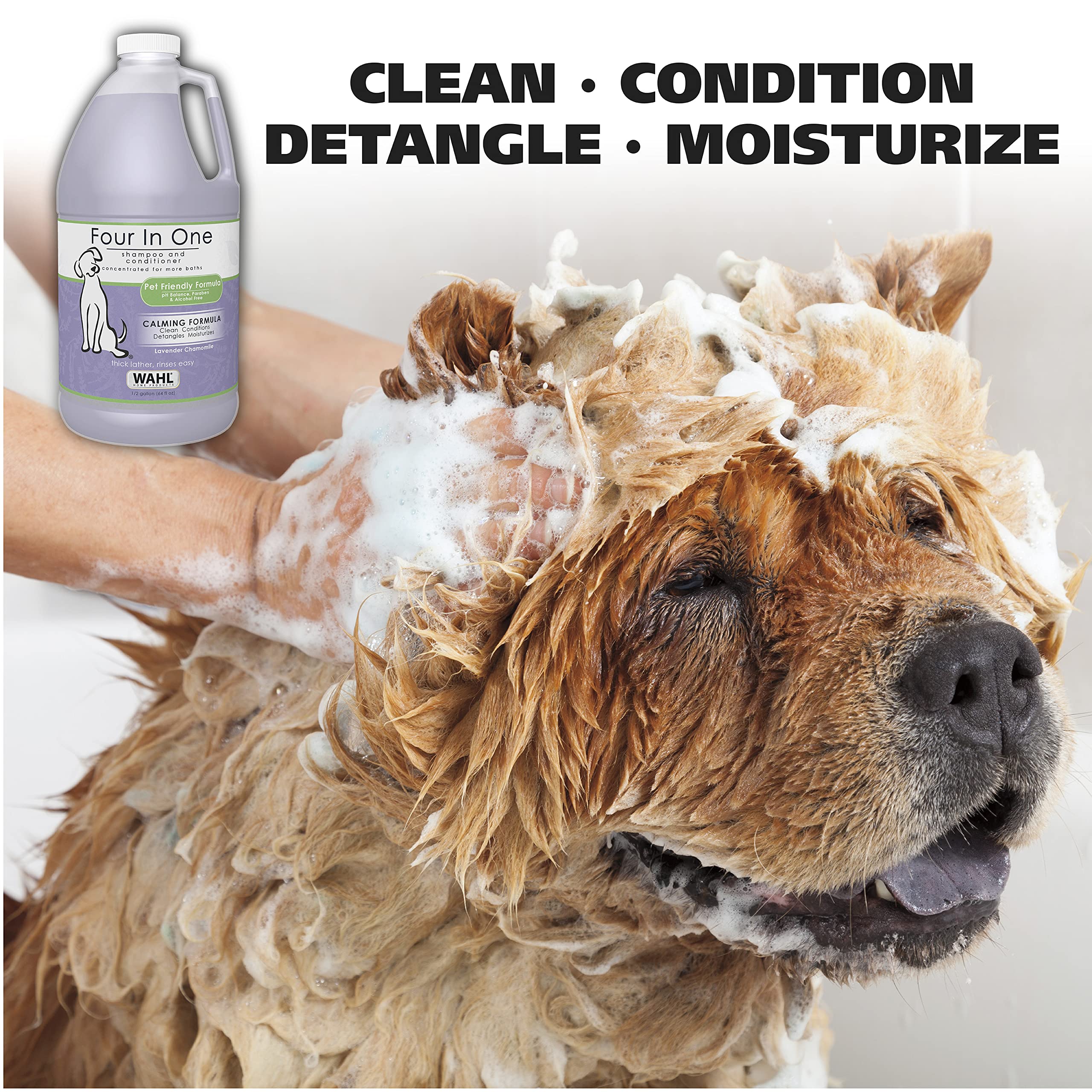 Wahl shampoo rich lather close-up demonstrates easy rinse and coat cleansing benefits.
