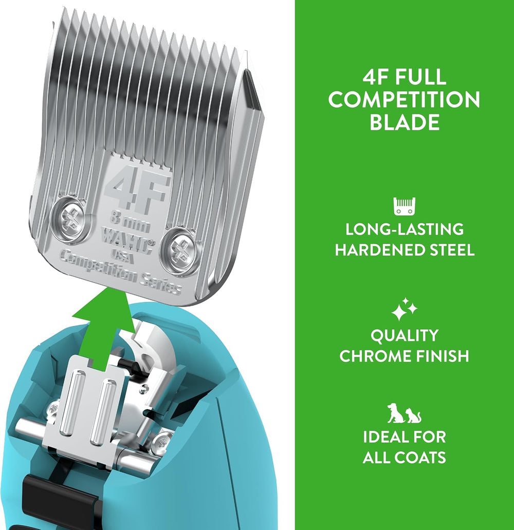 Wahl clipper with 4F blade on a dog coat for smooth trimming.