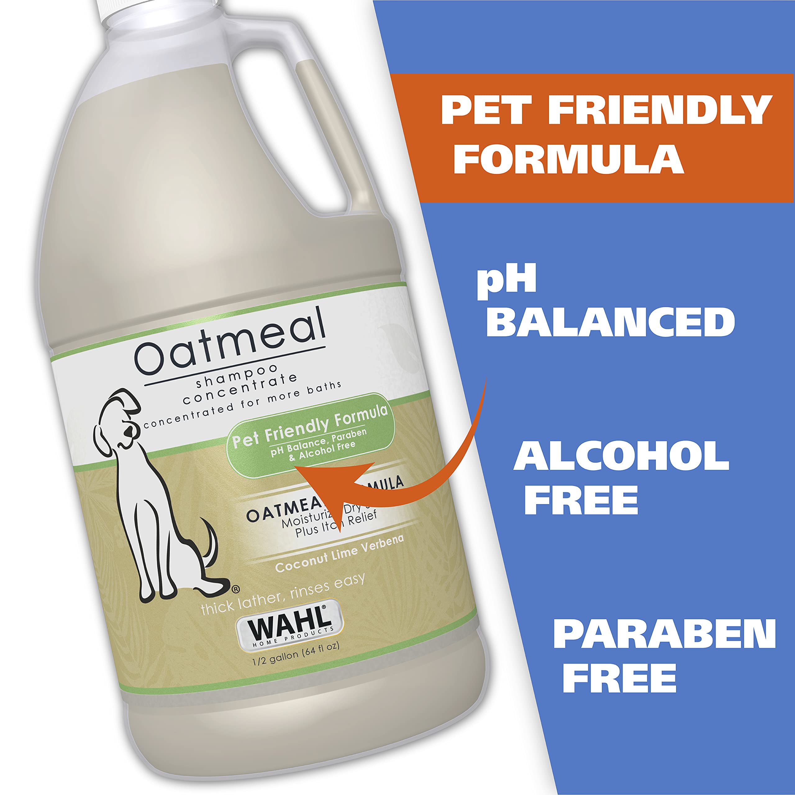 Coconut lime verbena scent on Wahl shampoo packaging for a refreshing fragrance.