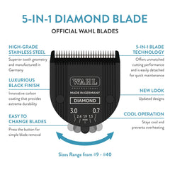 DLC-coated blade from Wahl reduces heat and enhances durability during grooming.