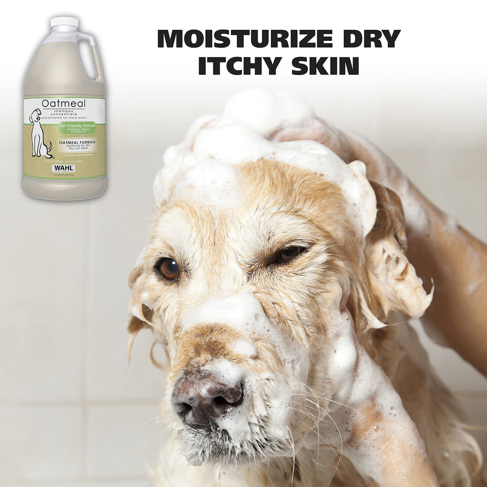 Wahl dog shampoo ingredients label highlighting PEG-80 free and paraben-free formula.