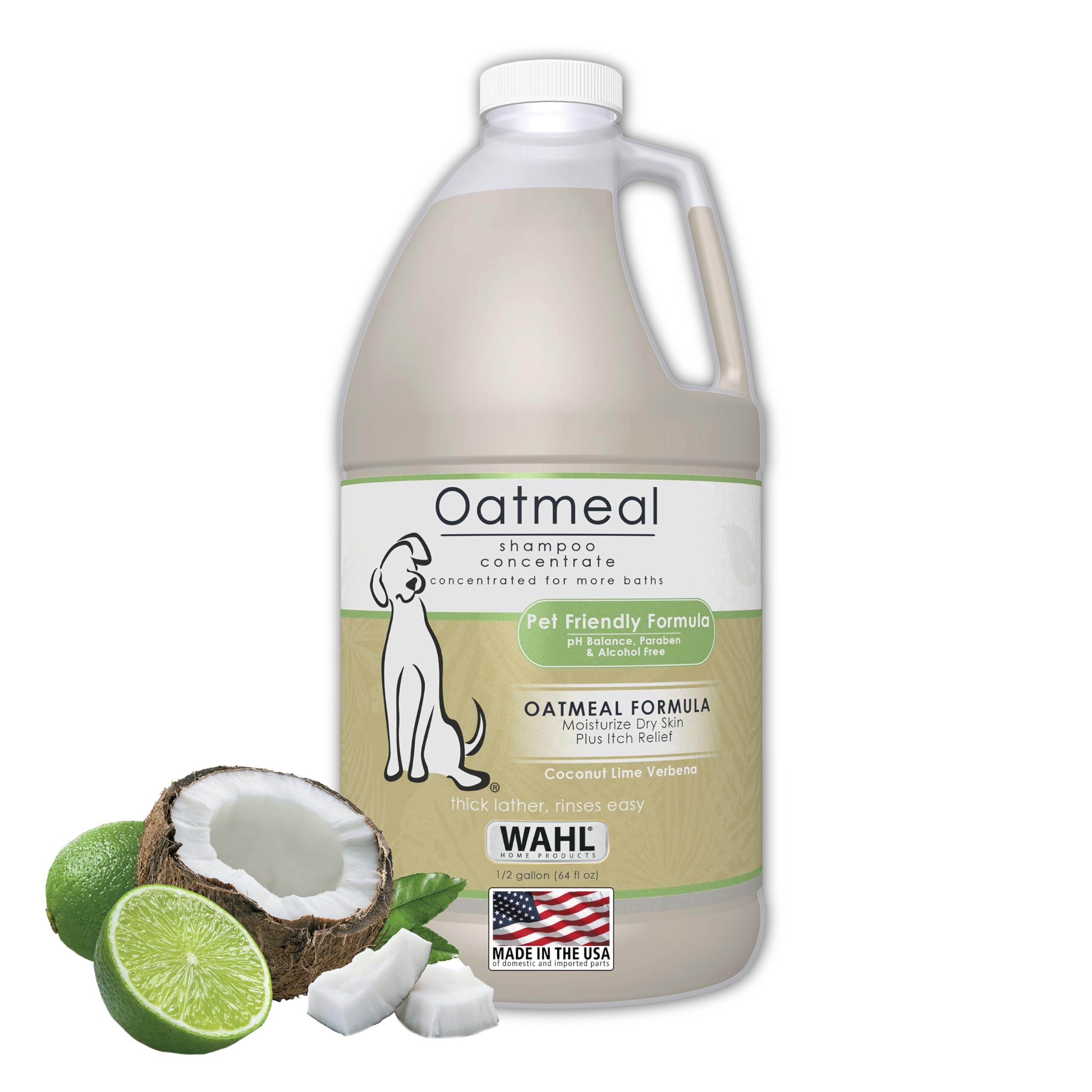 Wahl USA dog shampoo bottle showing oatmeal formula for gentle cleansing.
