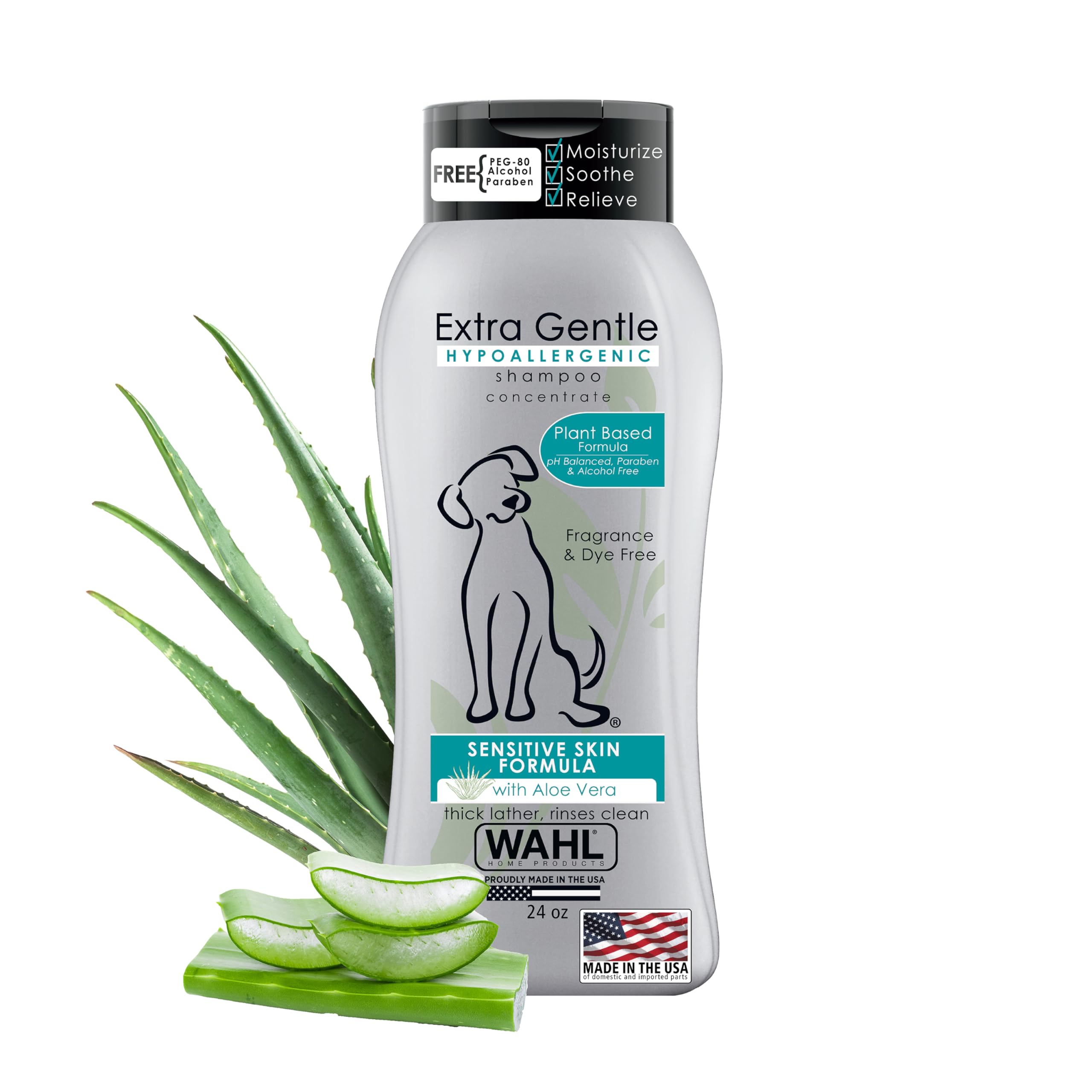 Wahl Extra Gentle hypoallergenic dog shampoo bottle shows fragrance-free formula for sensitive skin