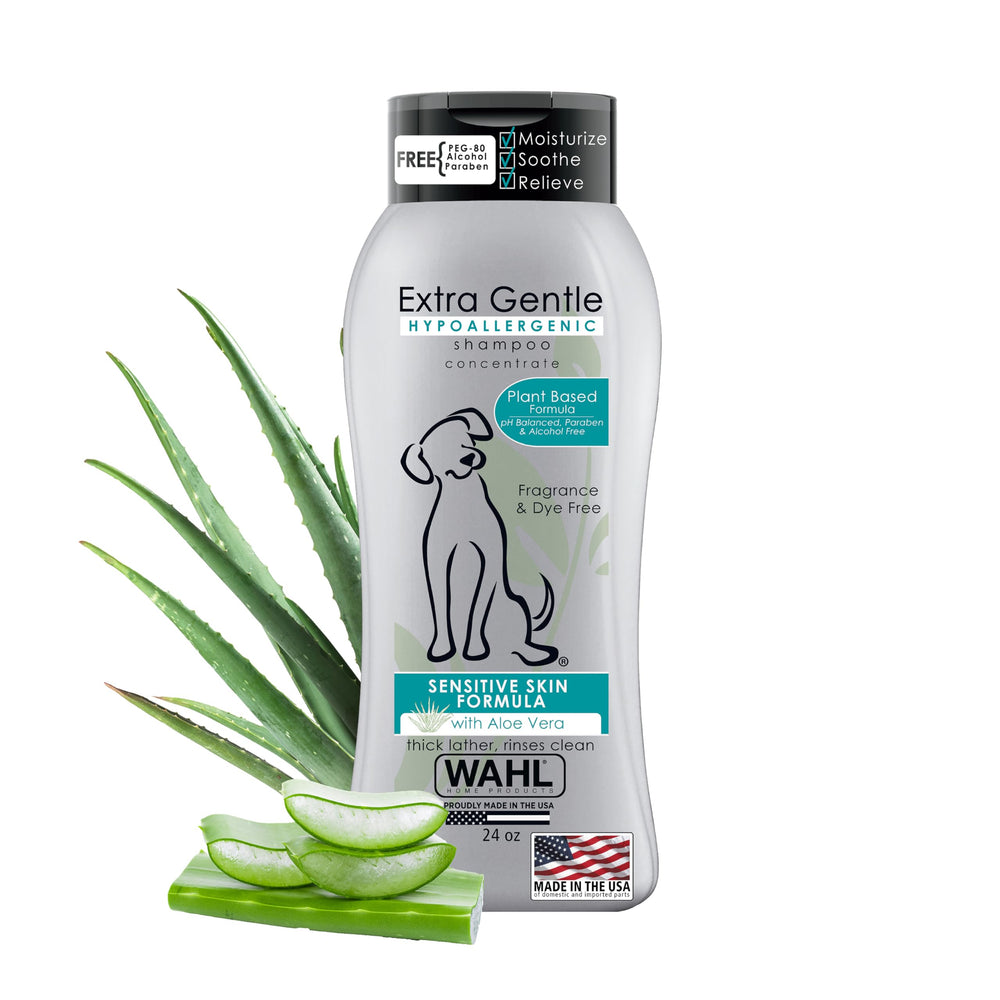 Wahl Extra Gentle hypoallergenic dog shampoo bottle shows fragrance-free formula for sensitive skin