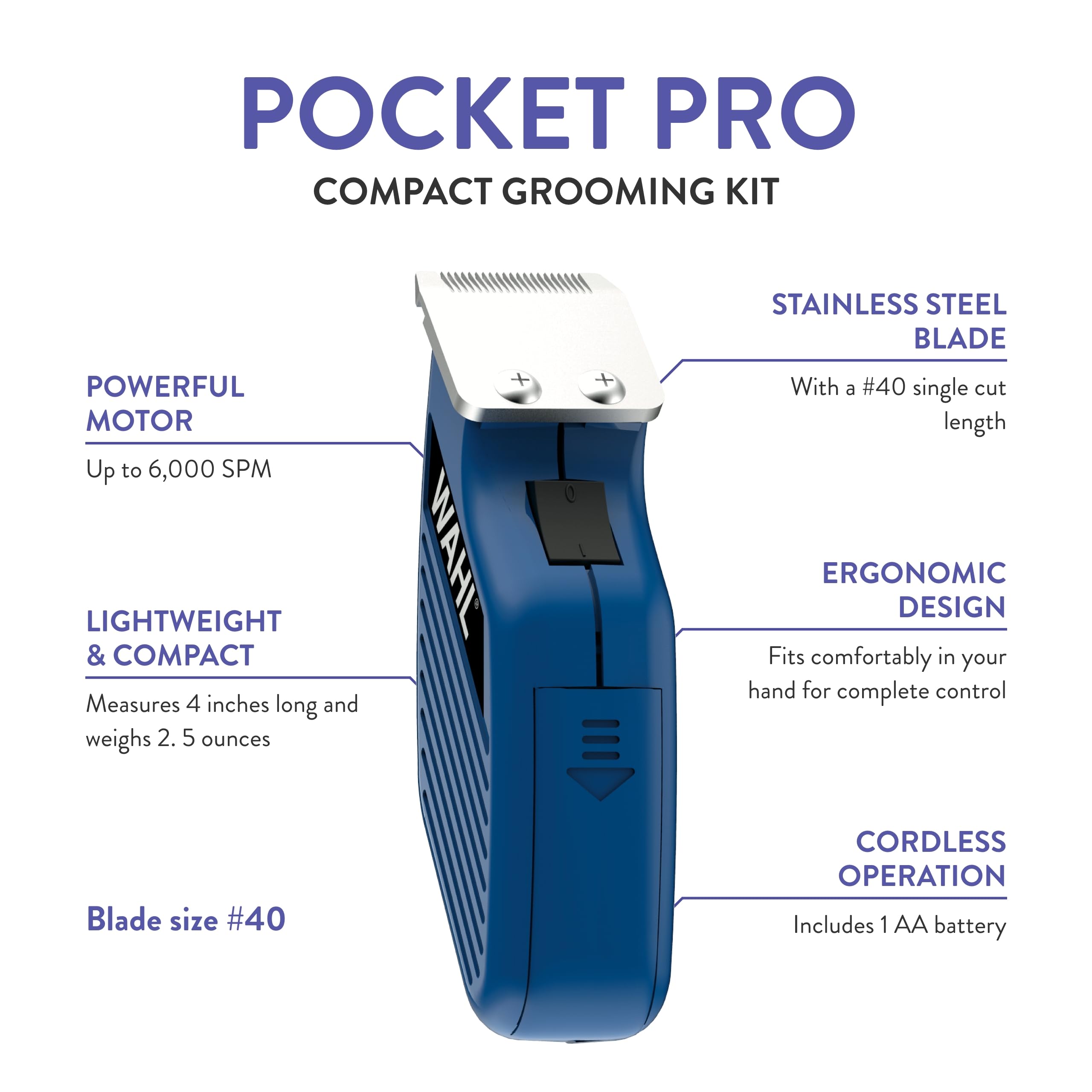 Wahl Pocket Pro Equine blue handheld trimmer for quick, on-the-go touch-ups.