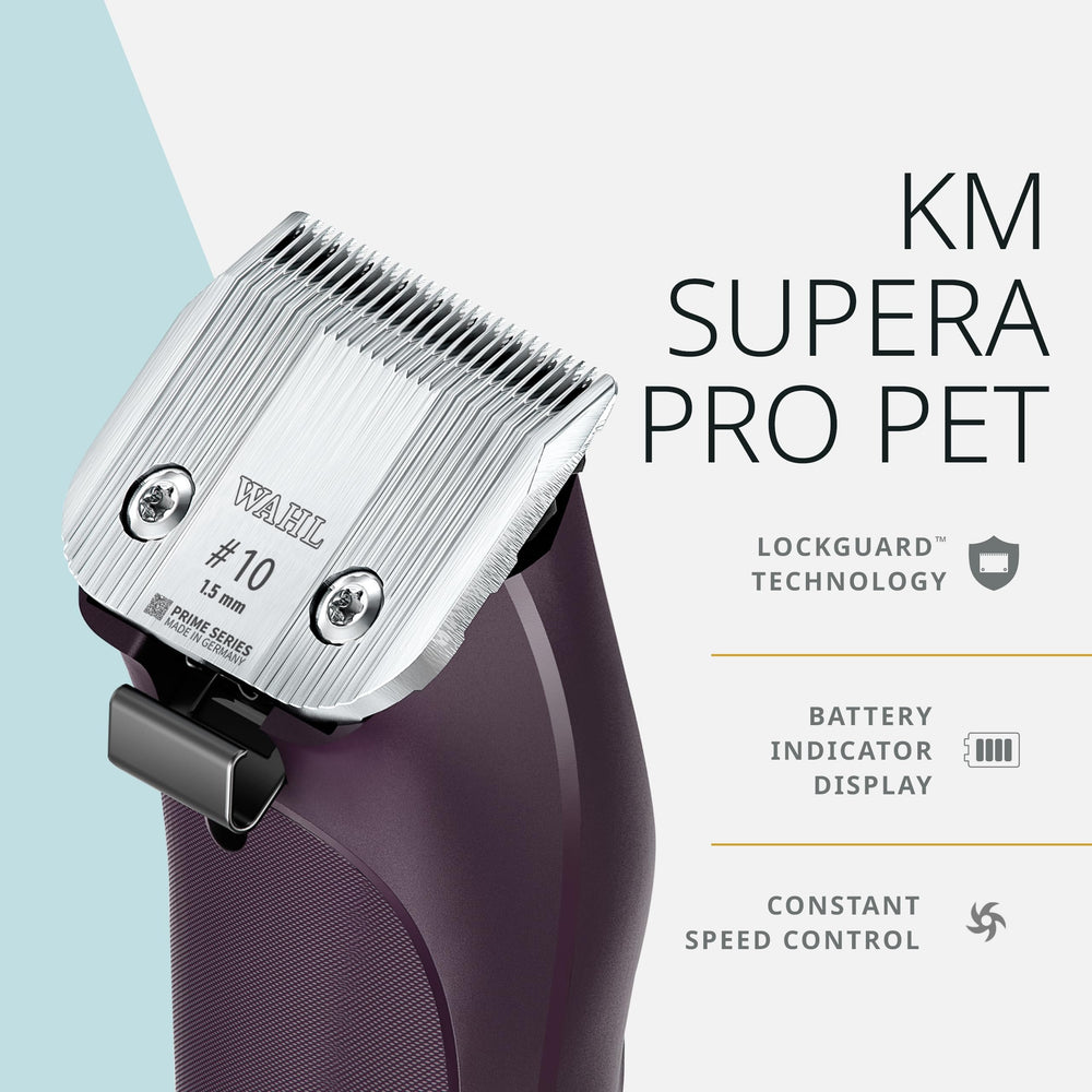 Wahl Pro Animal KM Supera cordless clipper with two batteries and long runtime.