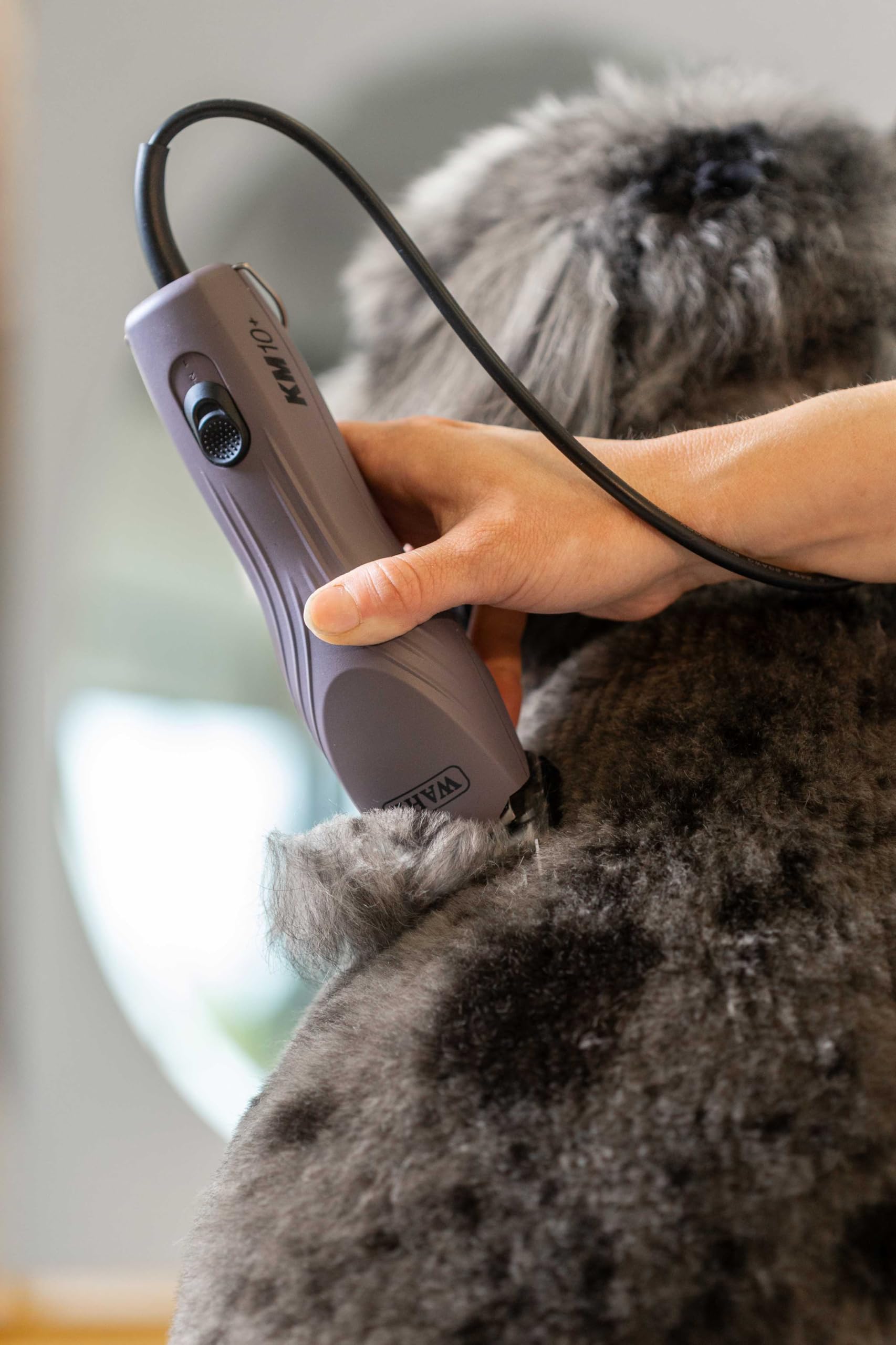 KM10+ clipper shown as a lightweight tool for professional grooming.