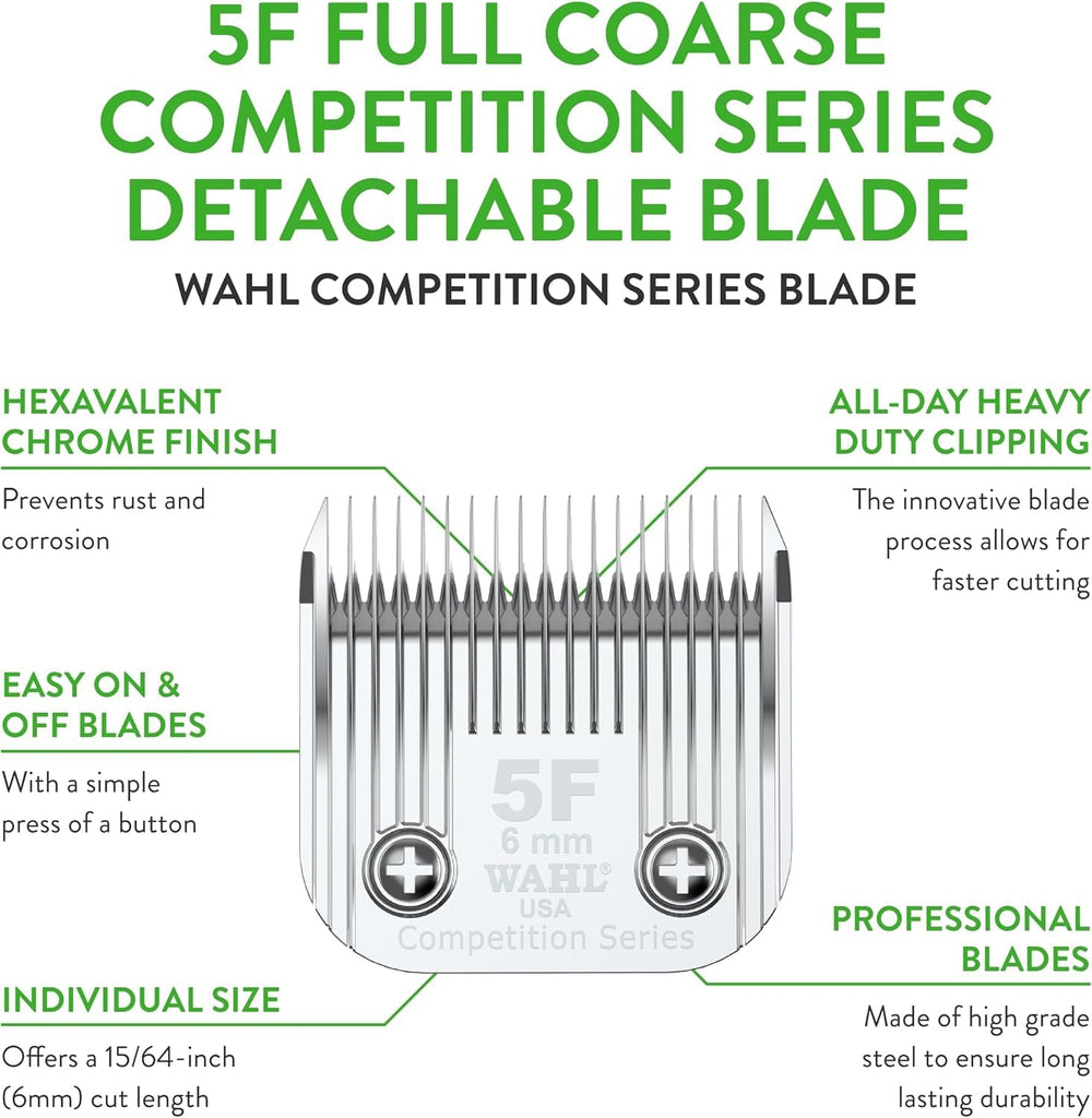 Wahl Professional Animal 5F blade chrome finish highlighting rust resistance in grooming tools.