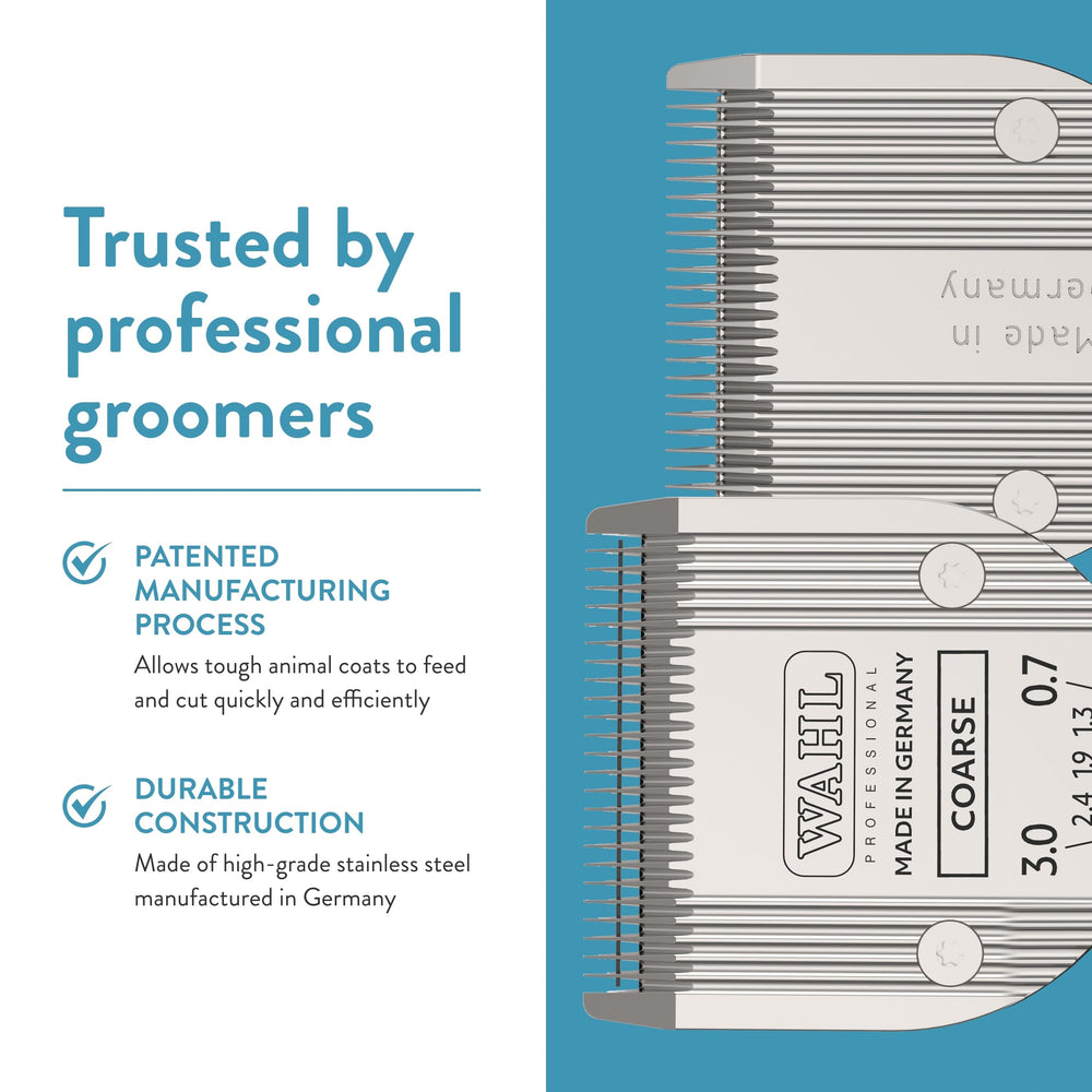 WAHL German-made stainless steel blade underscores premium craftsmanship.