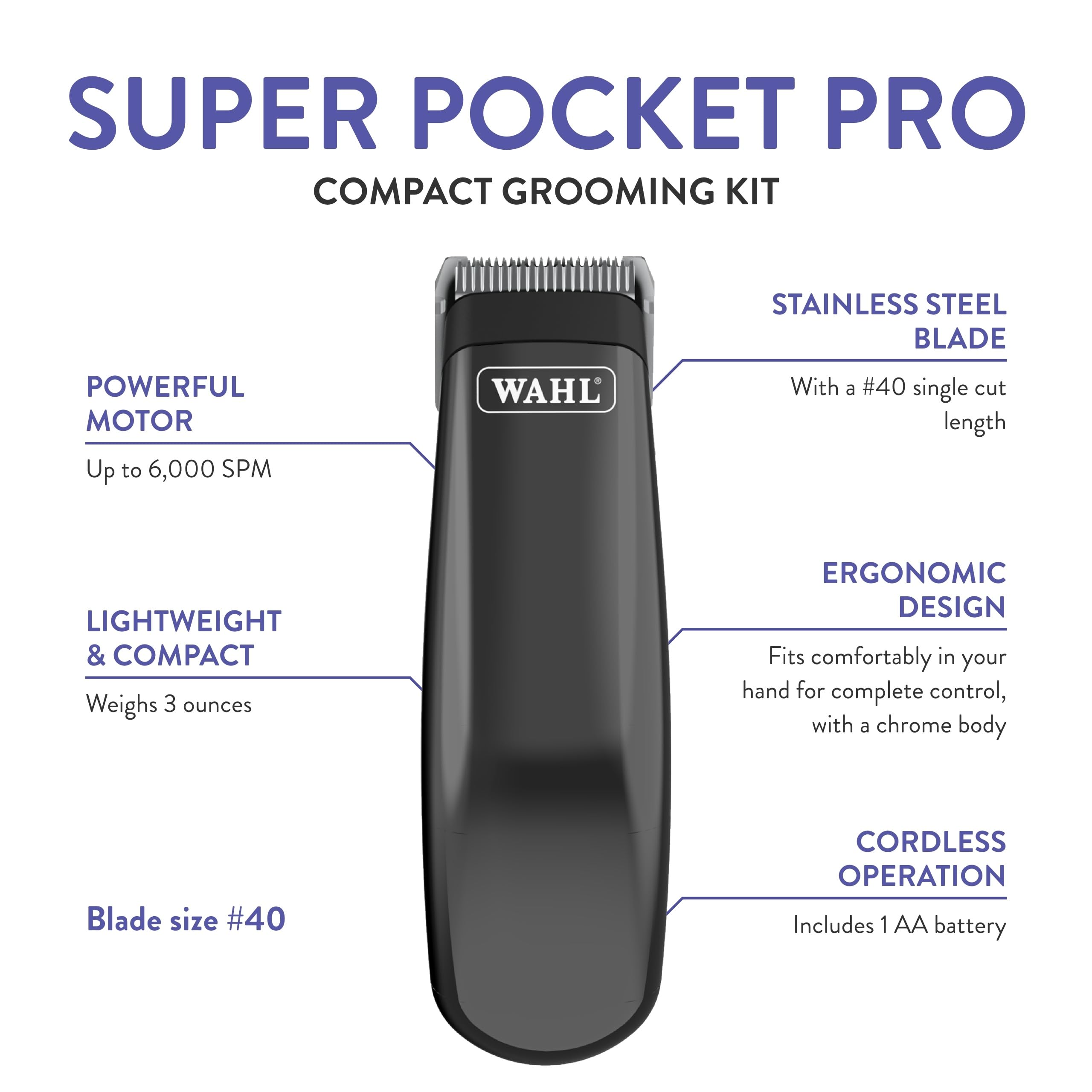 Wahl Super Pocket Pro ergonomic chrome body for a comfortable grip during grooming.