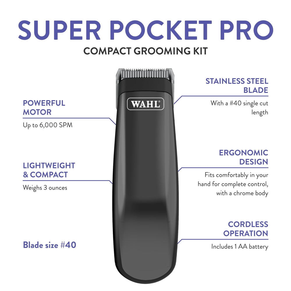 Wahl Super Pocket Pro ergonomic chrome body for a comfortable grip during grooming.
