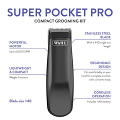 Wahl Super Pocket Pro ergonomic chrome body for a comfortable grip during grooming.