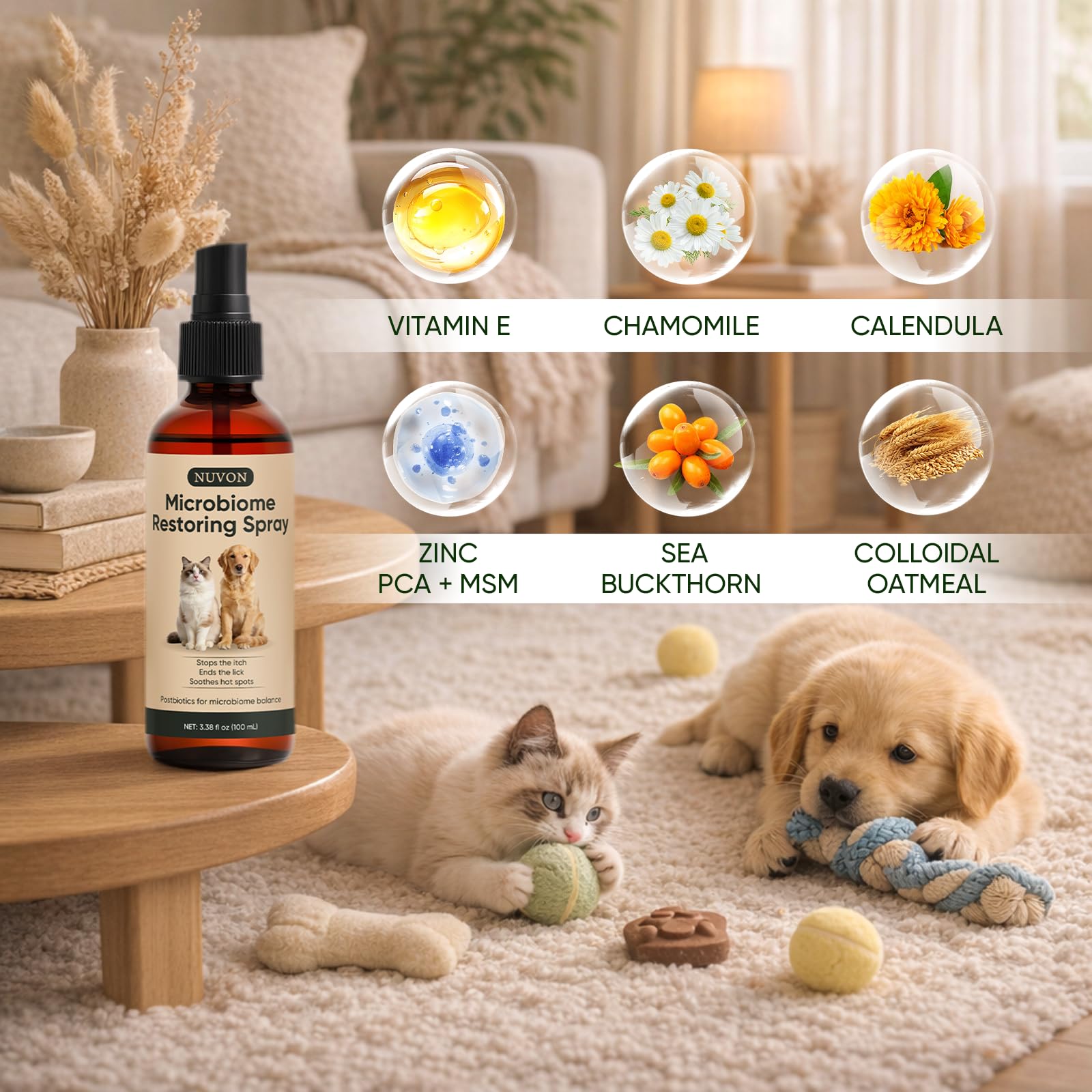 Wanciment NUVON postbiotic spray scratching licking helps minimize over-scratching and licking in pets