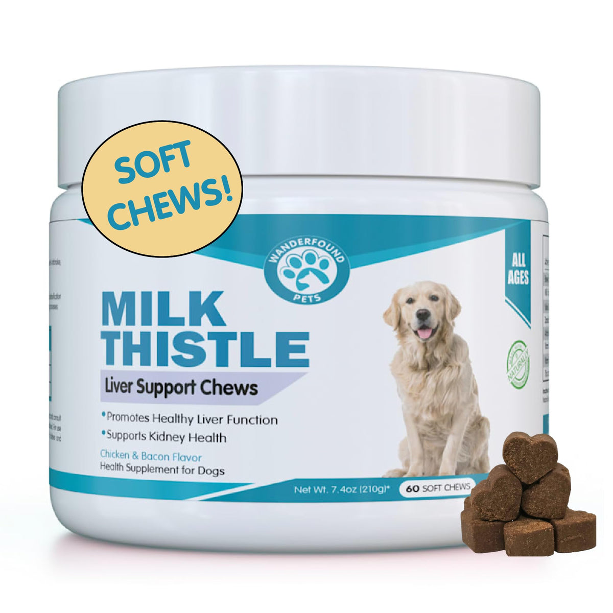 Wanderfound Milk Thistle dog bottle front shows tasty salmon-bacon flavor for liver support