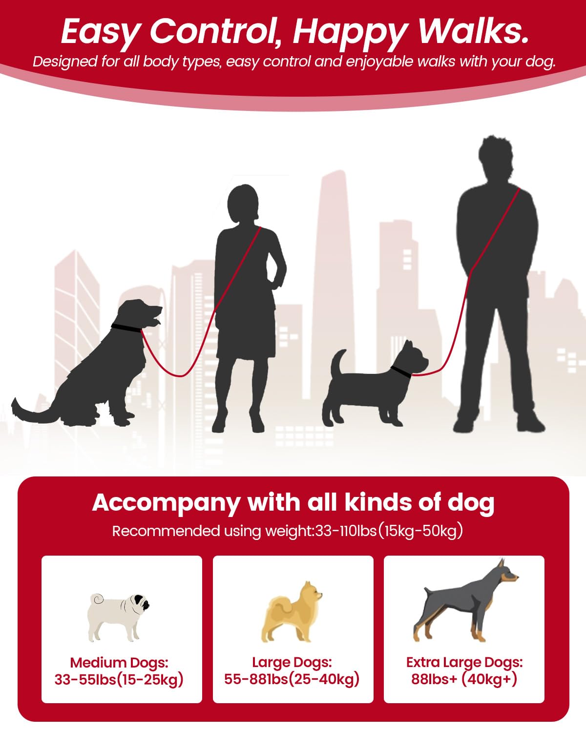 WANFIRE dual-handle padded leash for extra comfort during walks