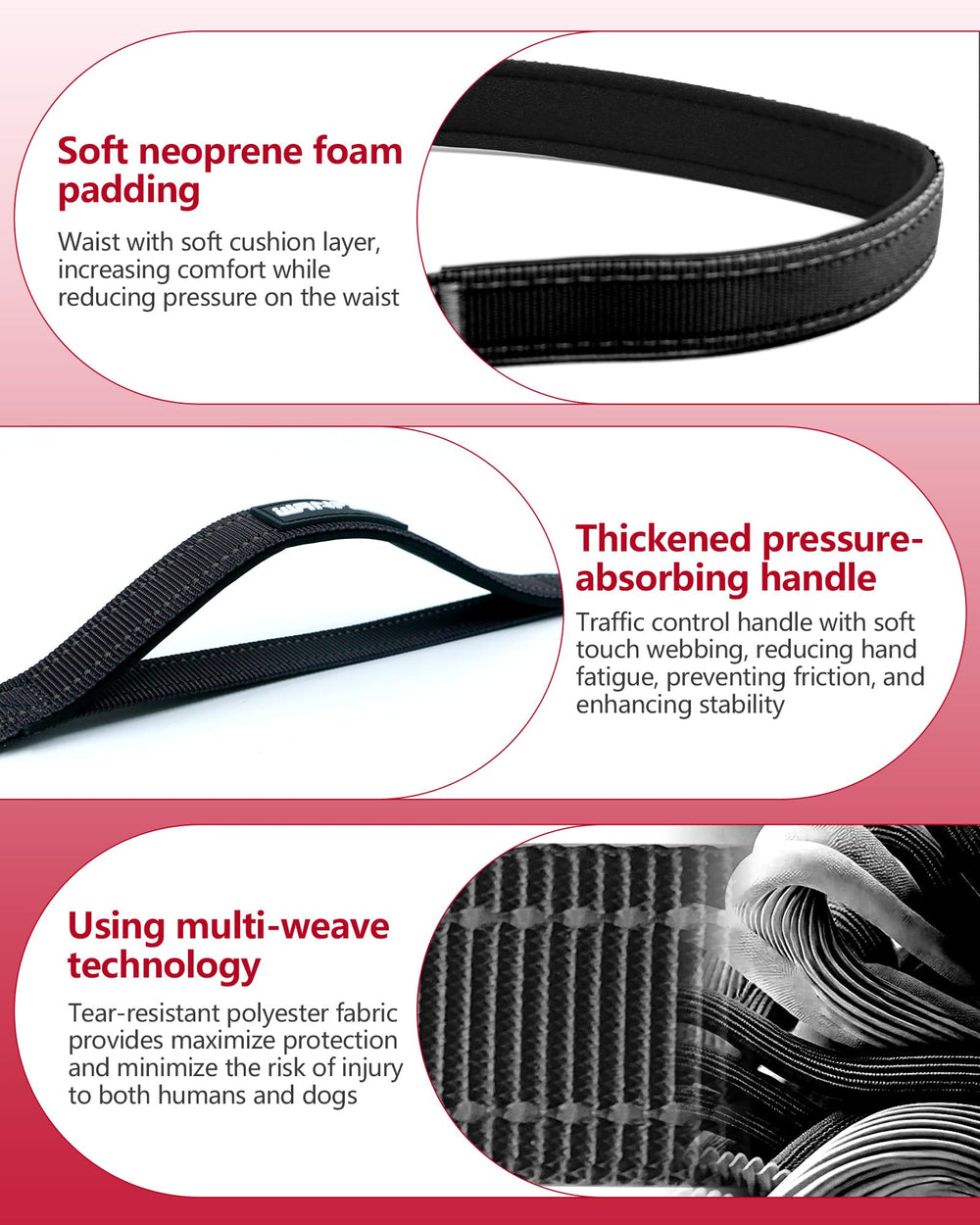 WANFIRE leash with car-seatbelt buckle for secure in-car travel.