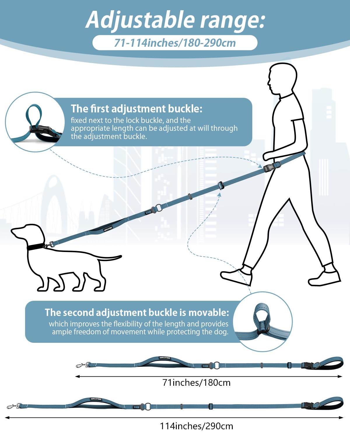 WANFIRE ink blue hands-free leash with waist belt for comfortable all-day wear