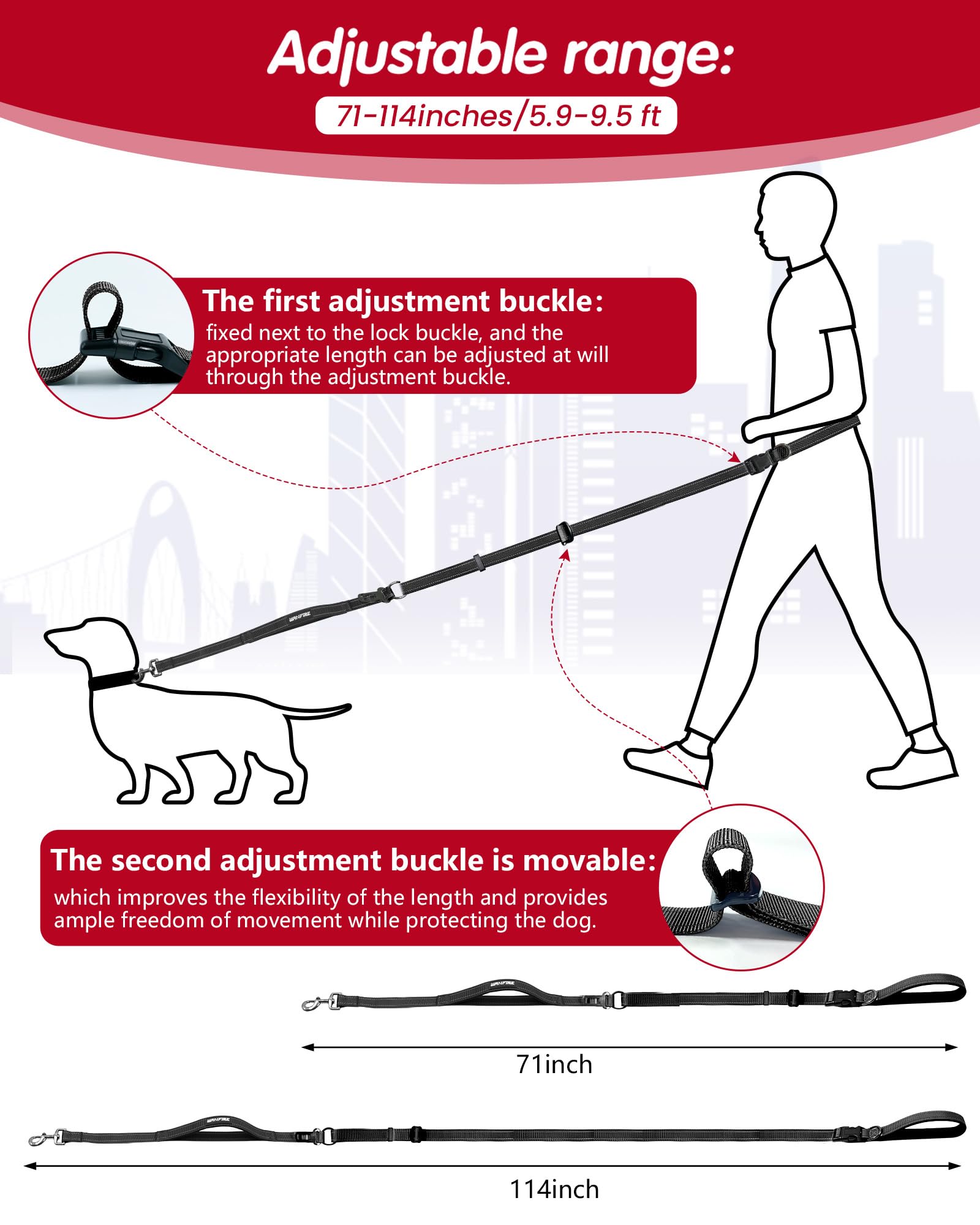 WANFIRE hands-free leash worn as waist belt for secure, hands-free control.