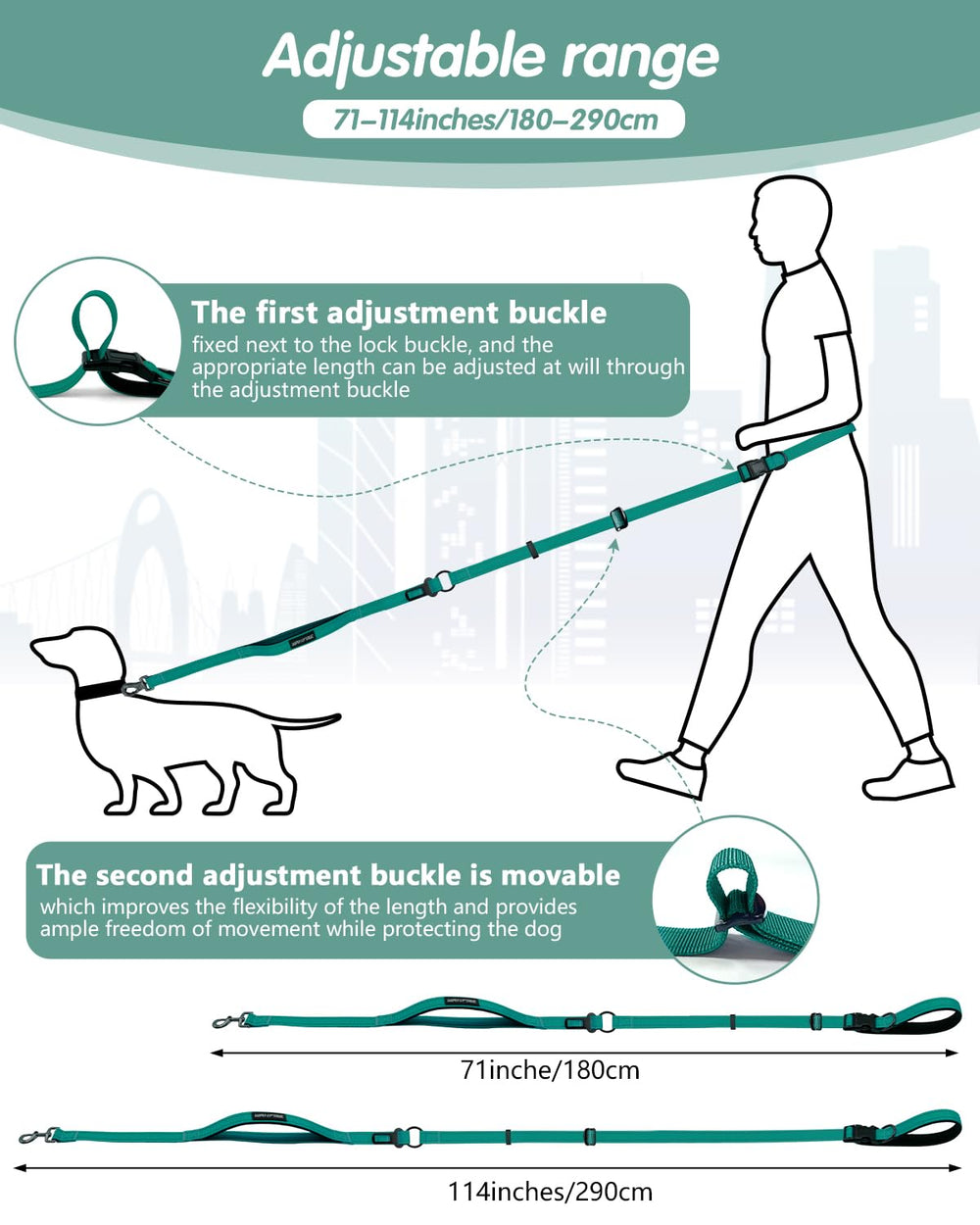 WANFIRE hands-free leash length adjustment for precise control during walks.