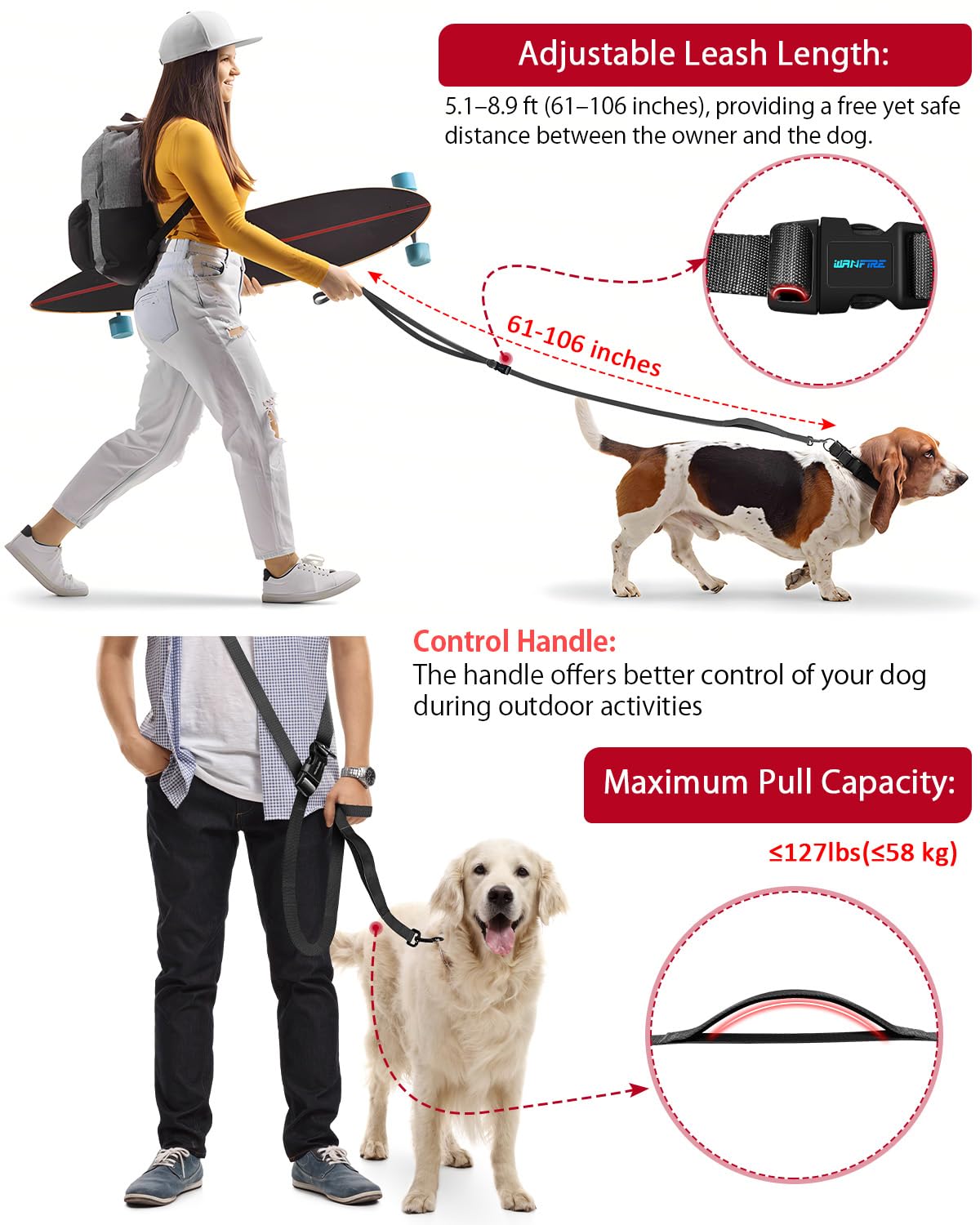 WANFIRE hands-free leash worn as waist carry for easy jogs
