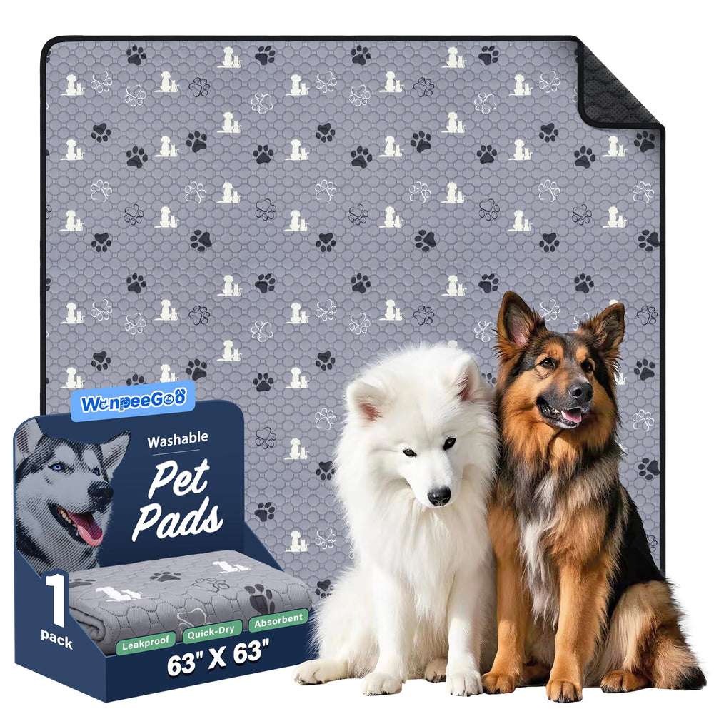 WanpeeGoo washable pee pad highlights a large 63x63 inch surface for training and protection.