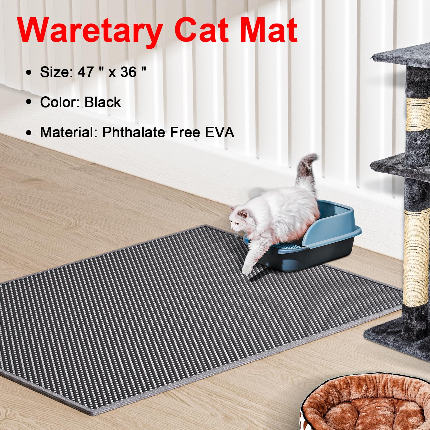 Waretary mat double-layer construction separates litter from paws for easy cleanup.