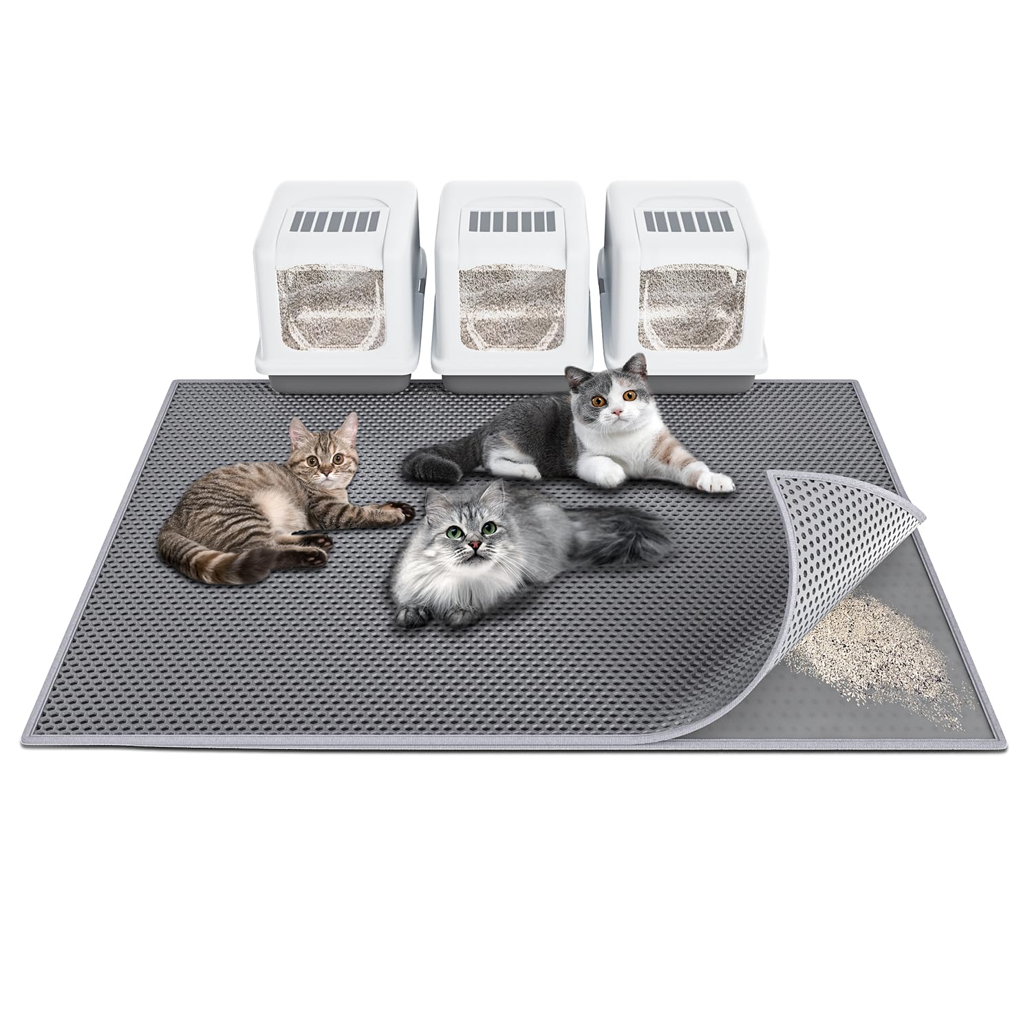 Waretary cat litter mat top view shows expansive 47x36 inch footprint for trapping.