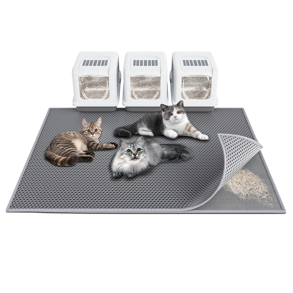 Waretary cat litter mat top view shows expansive 47x36 inch footprint for trapping.