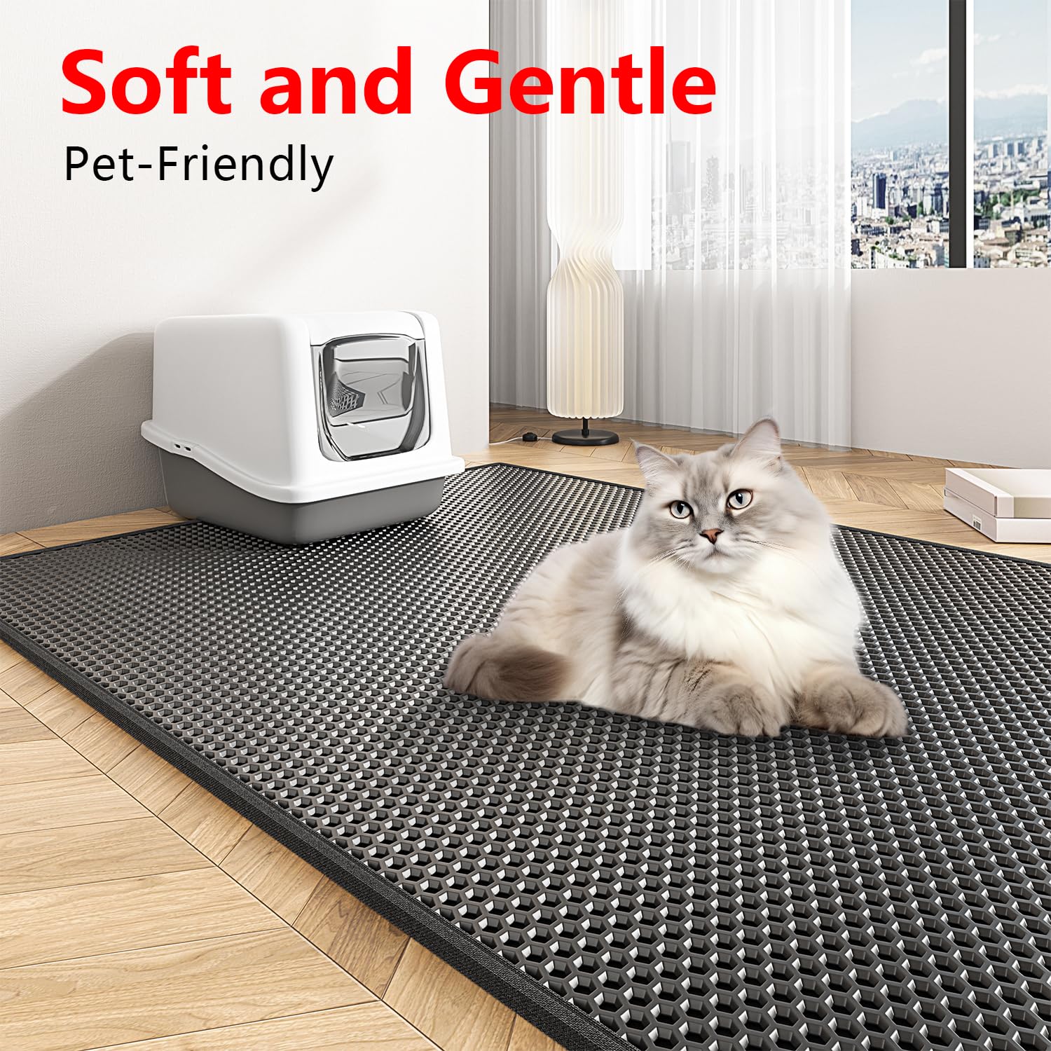 Waretary large 47x36 inch mat covers a wide area under the litter box