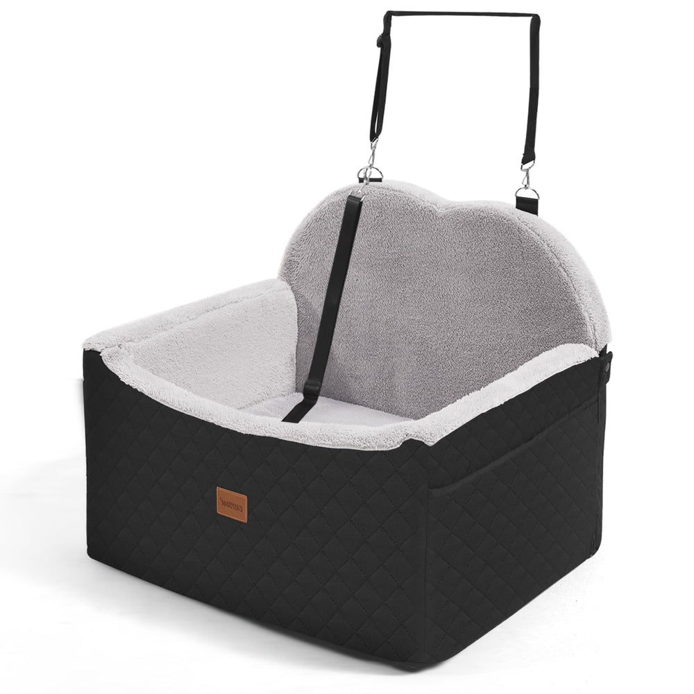 WarmInsula dog booster seat front view shows secure fit and improved cabin visibility.