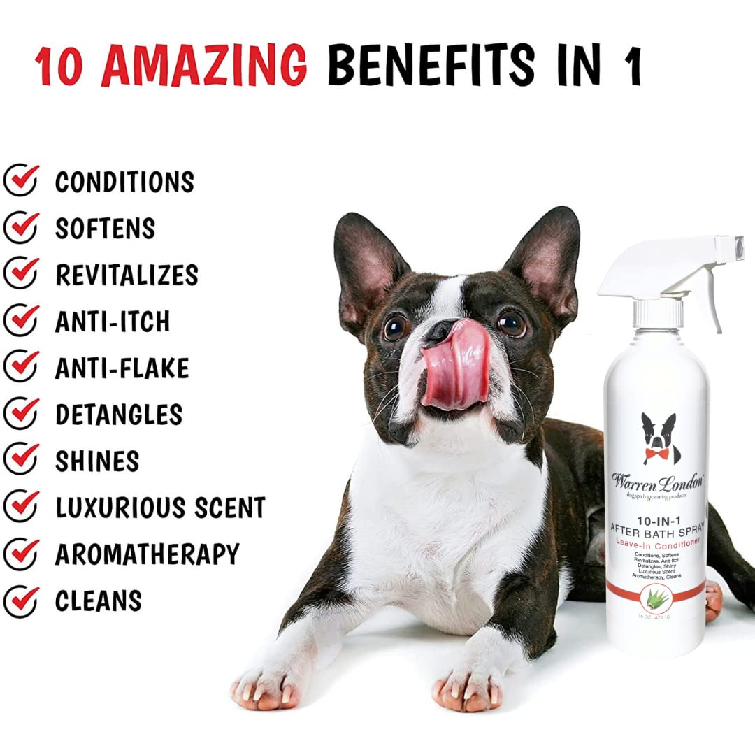 Warren London 10-in-1 spray being brushed through a thick dog coat
