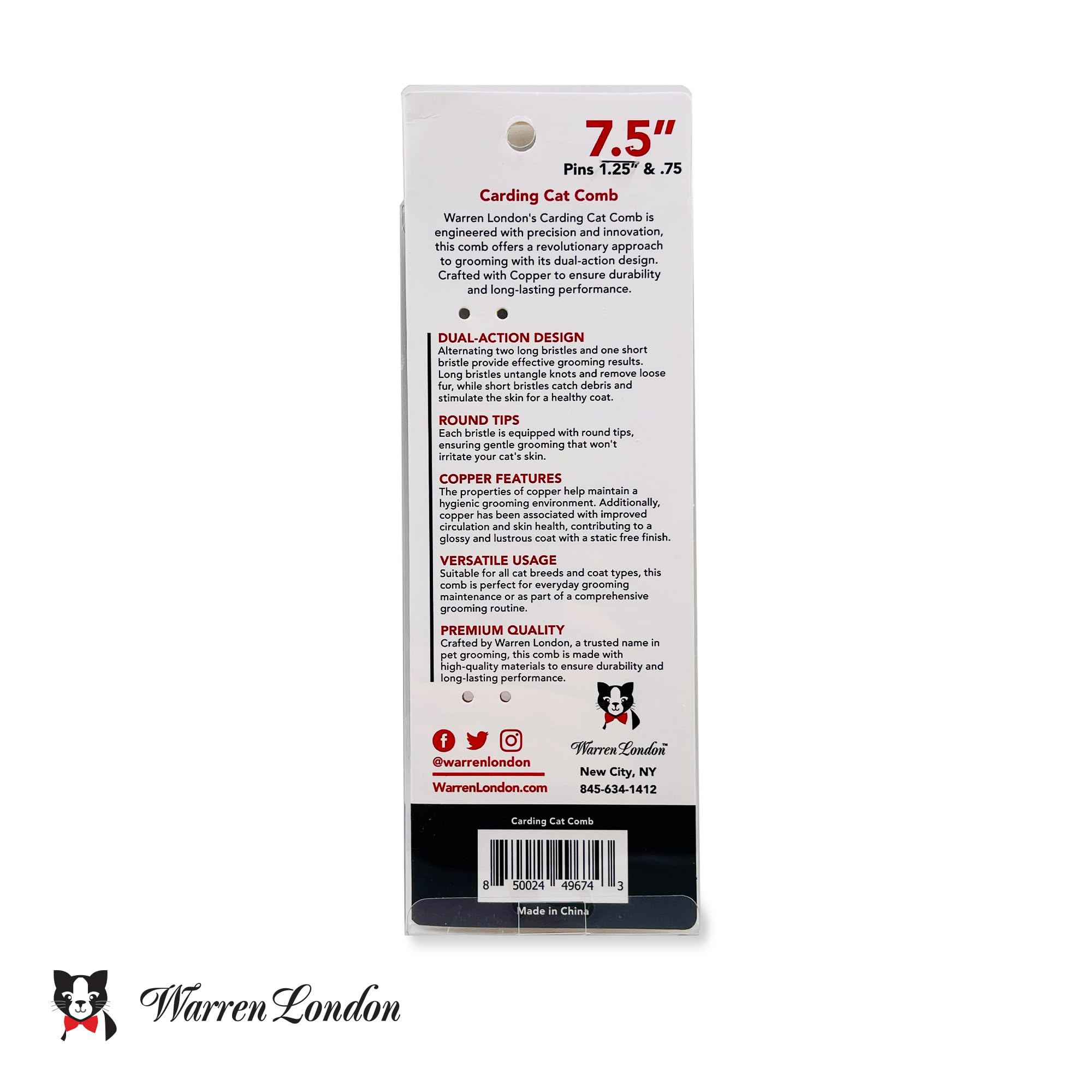 Warren London Carding Cat Comb 7.5-inch length for everyday grooming
