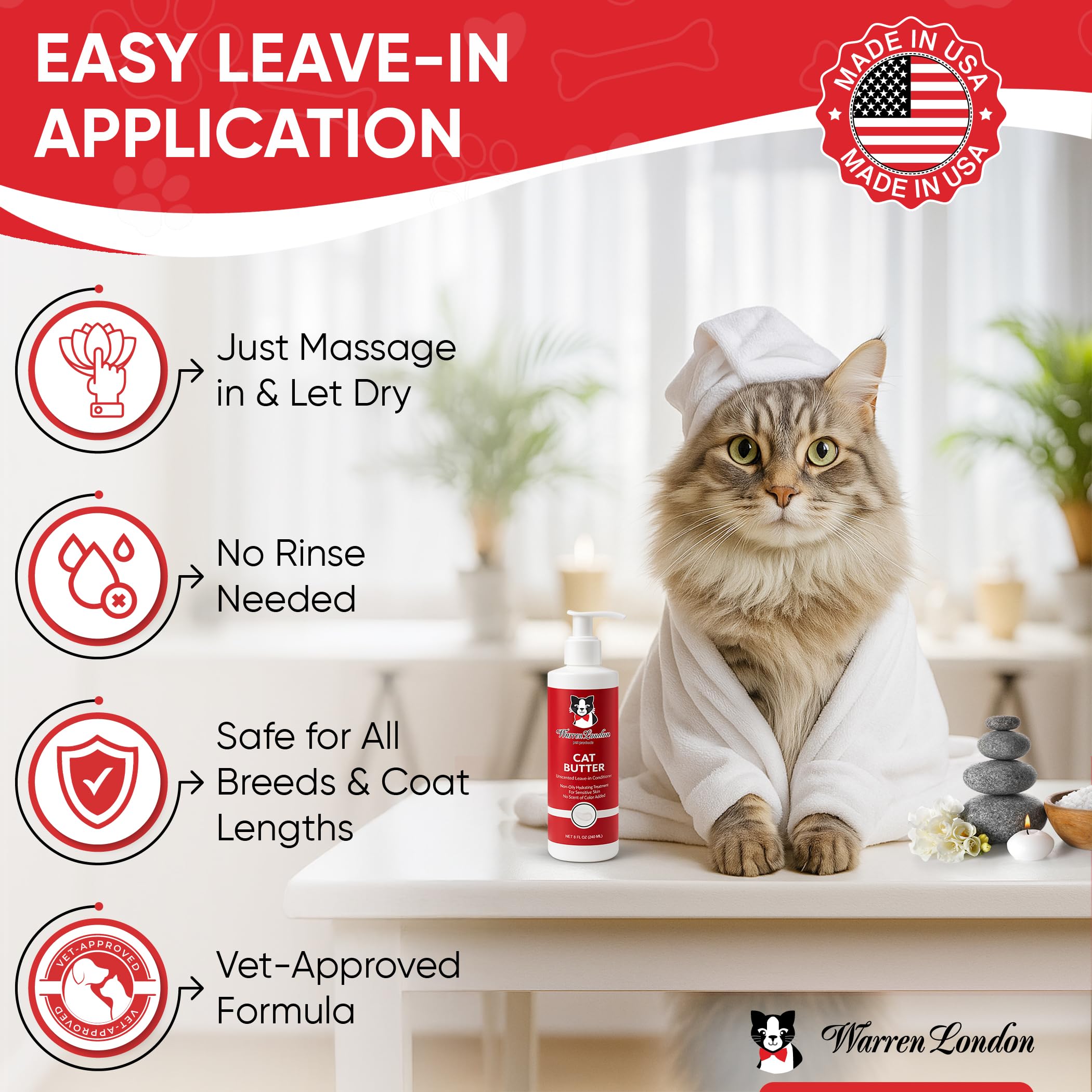 Warren London Cat Hydrating Butter applied to a cat coat for detangling.