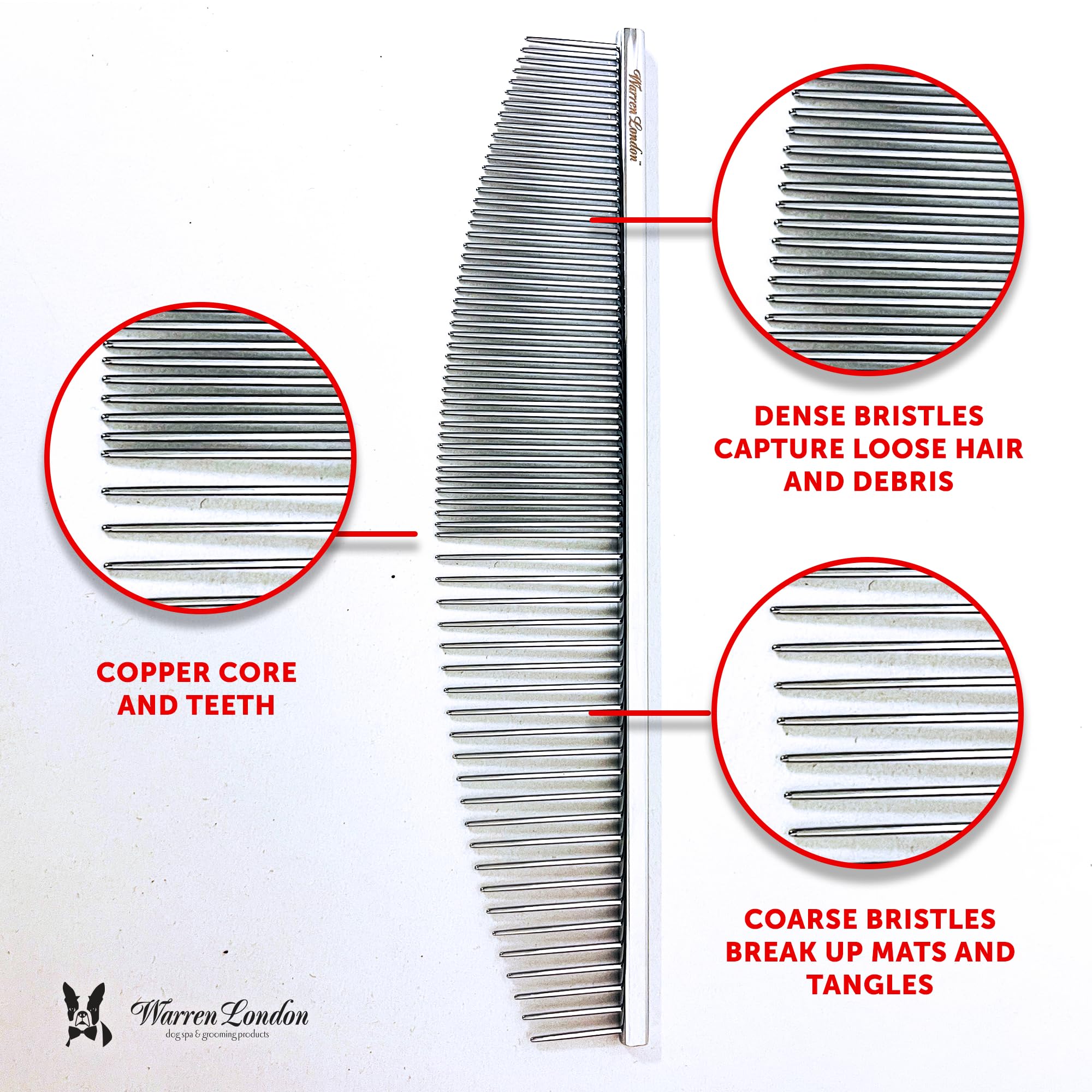 Close-up of Copper Crescent Comb teeth for snag-free detangling with Warren London.