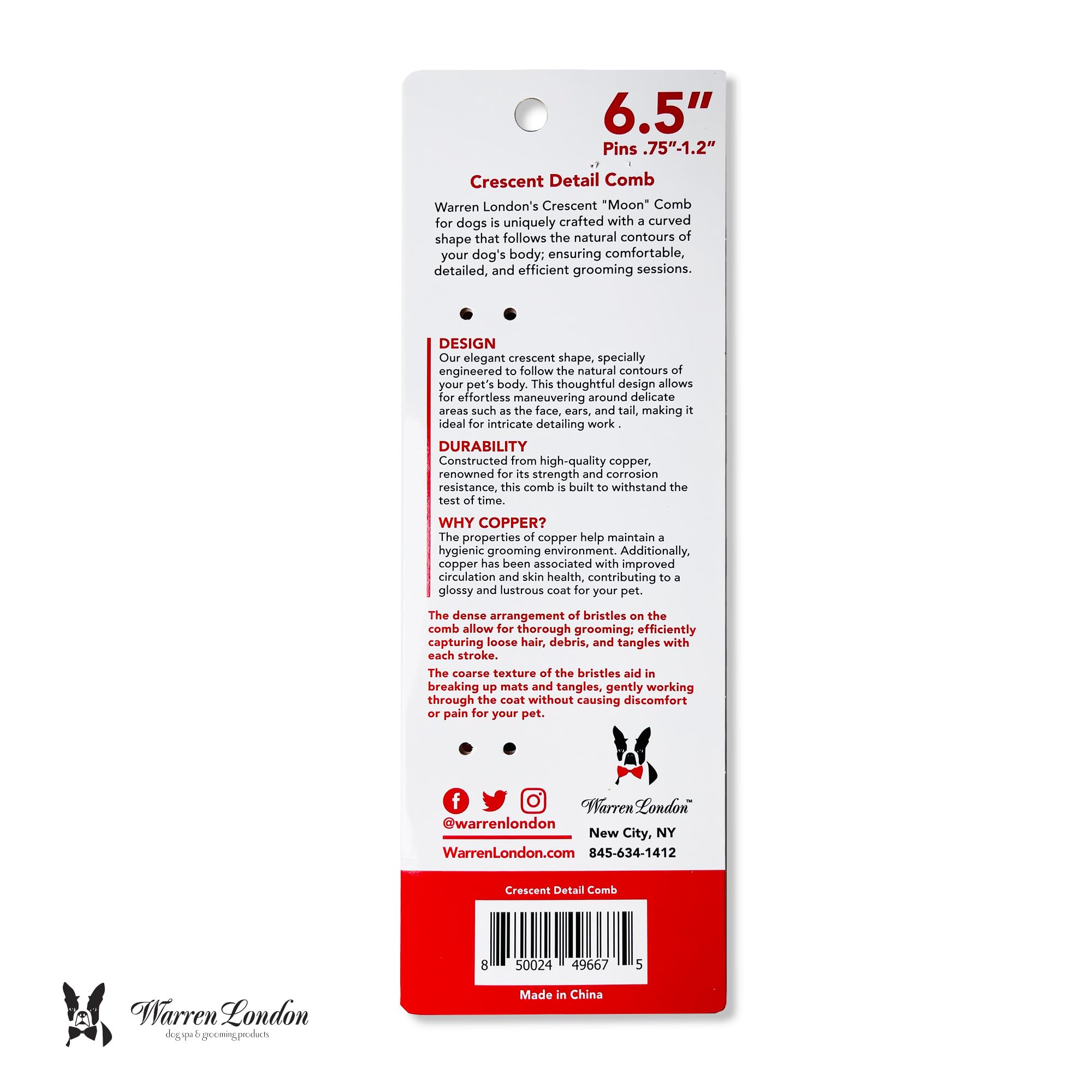 Professional-style grooming with Warren London Copper Crescent Comb for home care.