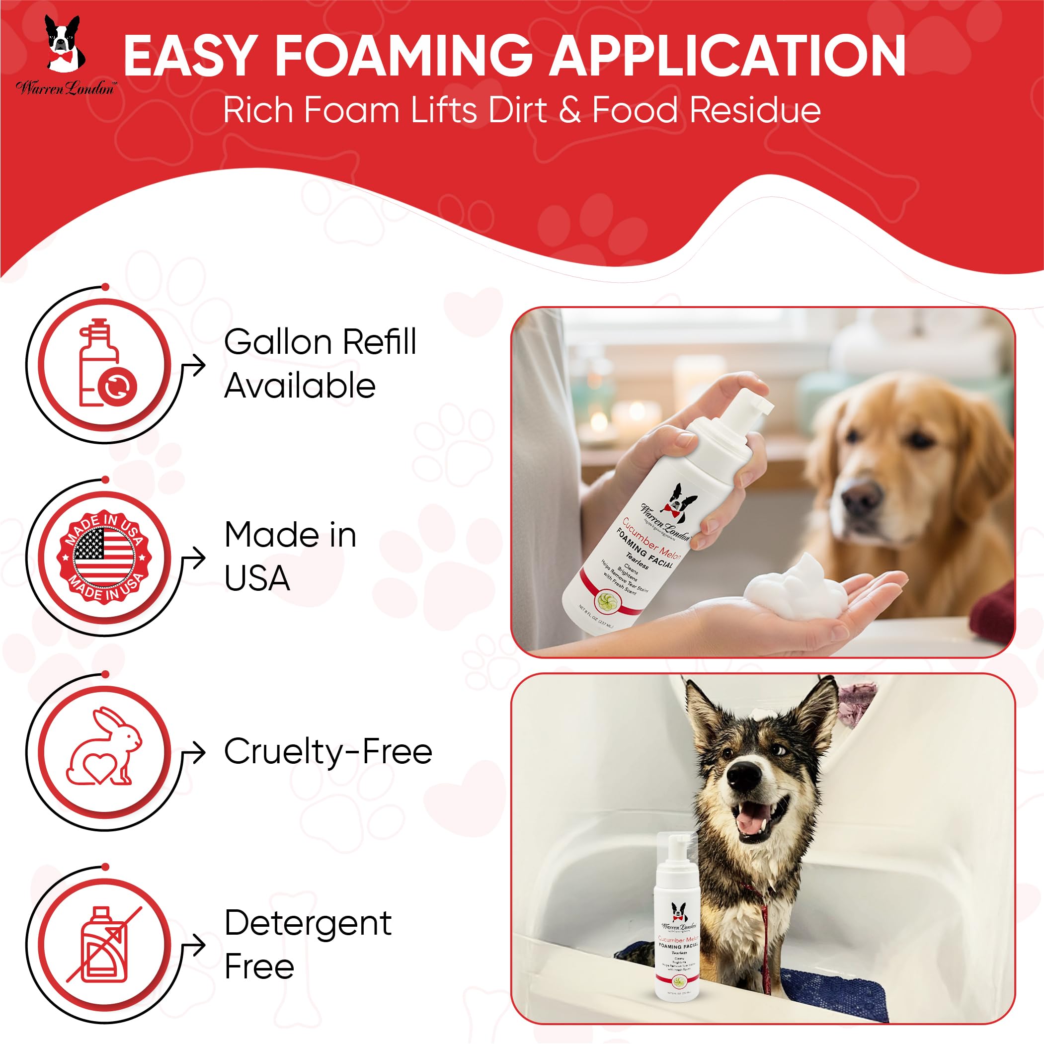 Warren London facial shampoo for all breeds keeps coats clean.