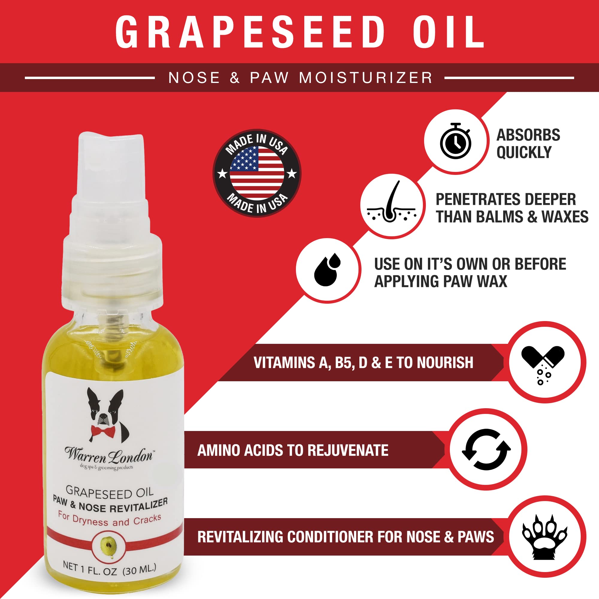 Warren London grapeseed oil spray shows convenient application for tired paws