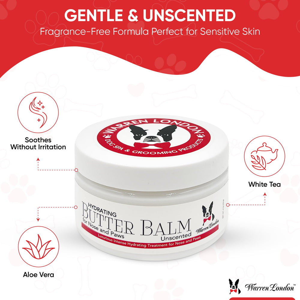 Warren London Hydrating Butter Balm unscented formula shown on a dog's nose for gentle care.