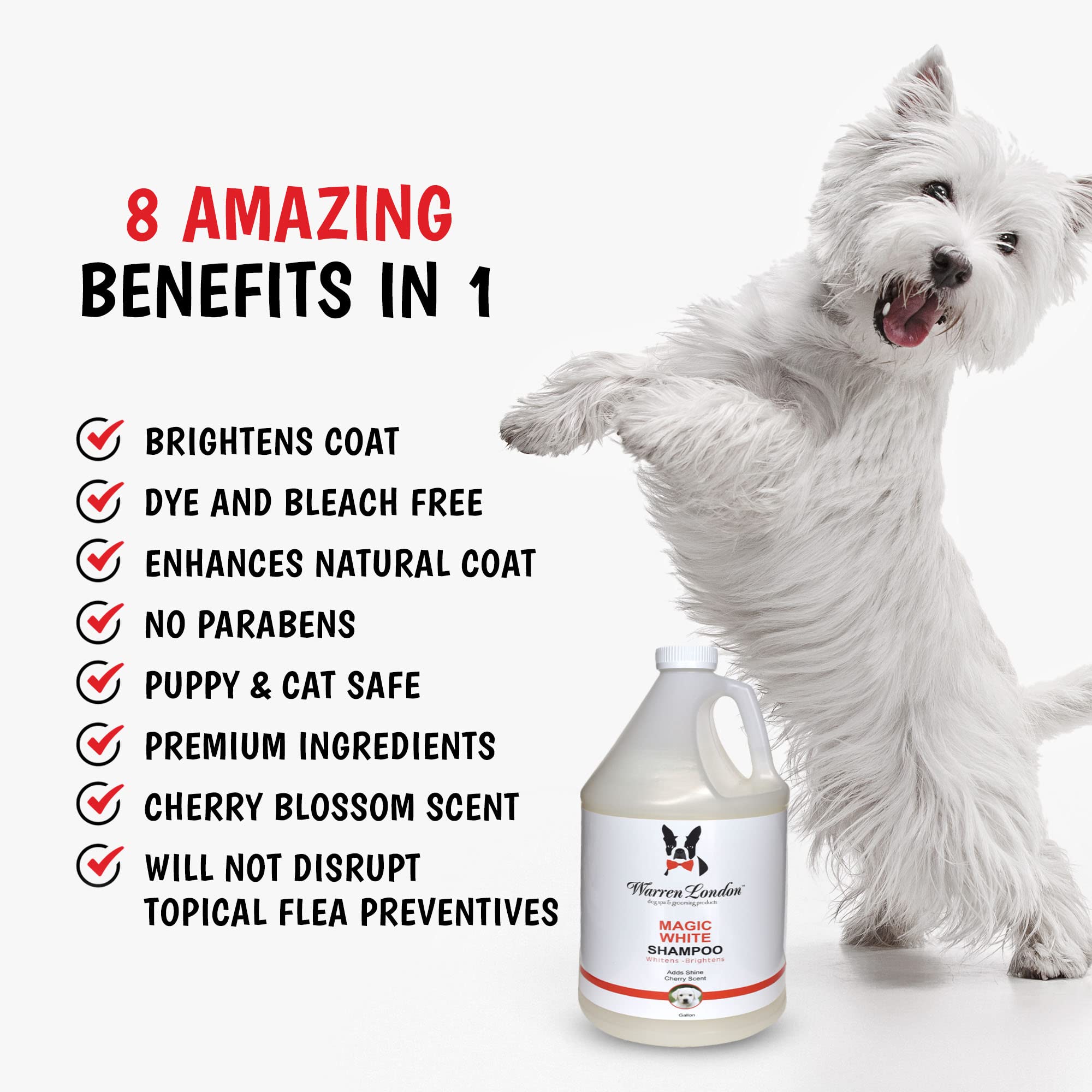 Warren London Magic Bright Dog Shampoo rinse demonstrates easy removal and gentle care.