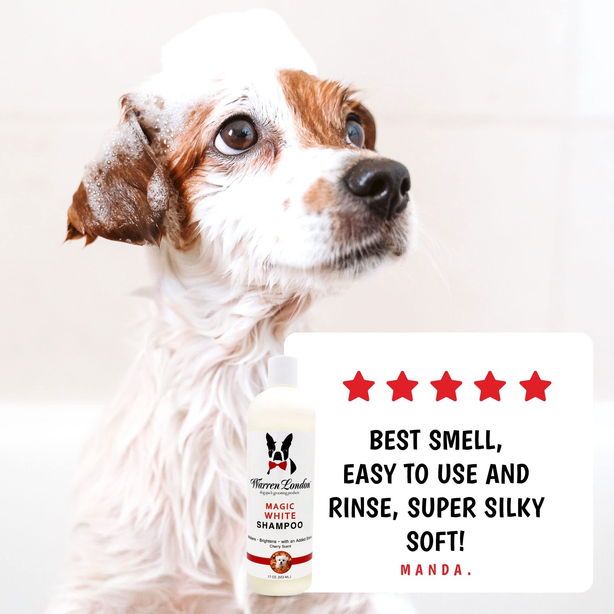 Warren London Magic White Shampoo adds a glossy finish to lighter coats.